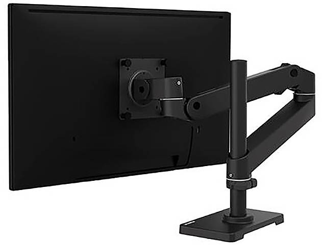 Ein Monitor auf einem verstellbaren Arm ist von hinten zu sehen. Der Arm ermöglicht flexible Positionierung und Höhenverstellung des Bildschirms.