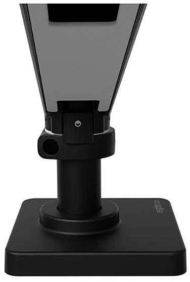 Ein schwarzer, quadratischer Monitorständer mit einer höhenverstellbaren Halterung aus Metall.