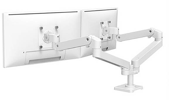 Zwei weiße Monitorarme halten jeweils einen Monitor. Die Arme sind flexibel justierbar und auf einem einzigen Standfuß montiert.