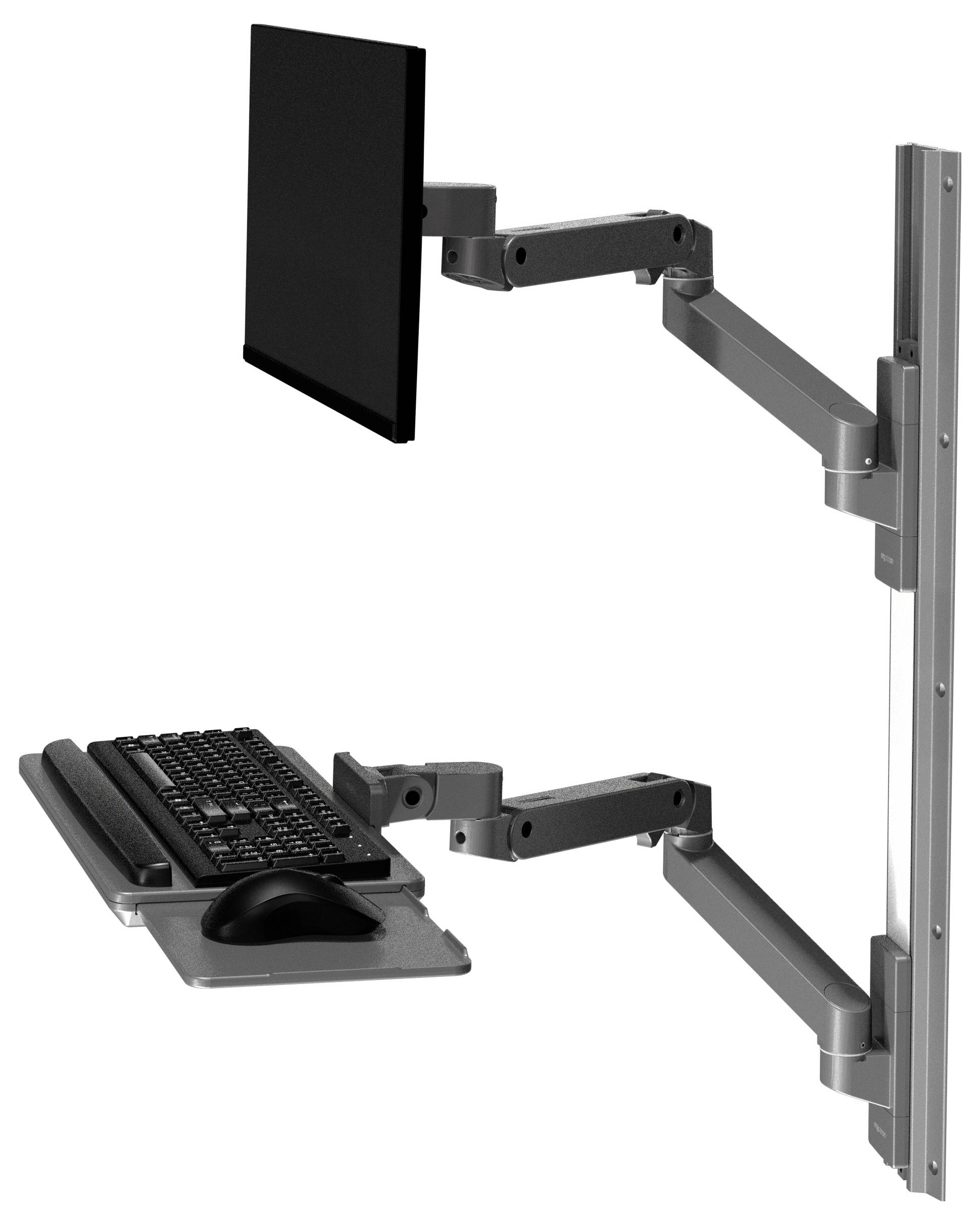 Ein Wandmontagesystem mit beweglichem Arm hält einen Monitor und eine Tastatur zusammen mit einer Maus, ermöglicht Positionierungsfreiheit.