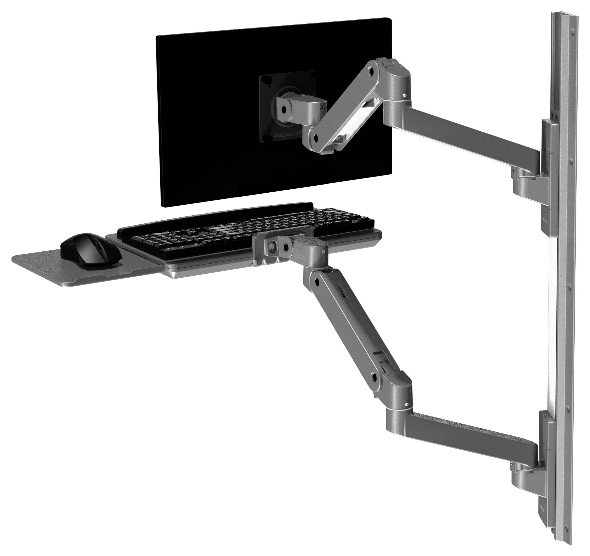 Ein höhenverstellbarer Monitorarm mit Tastatur- und Mausablage, an einer Wand befestigt, bietet flexible Arbeitspositionen.