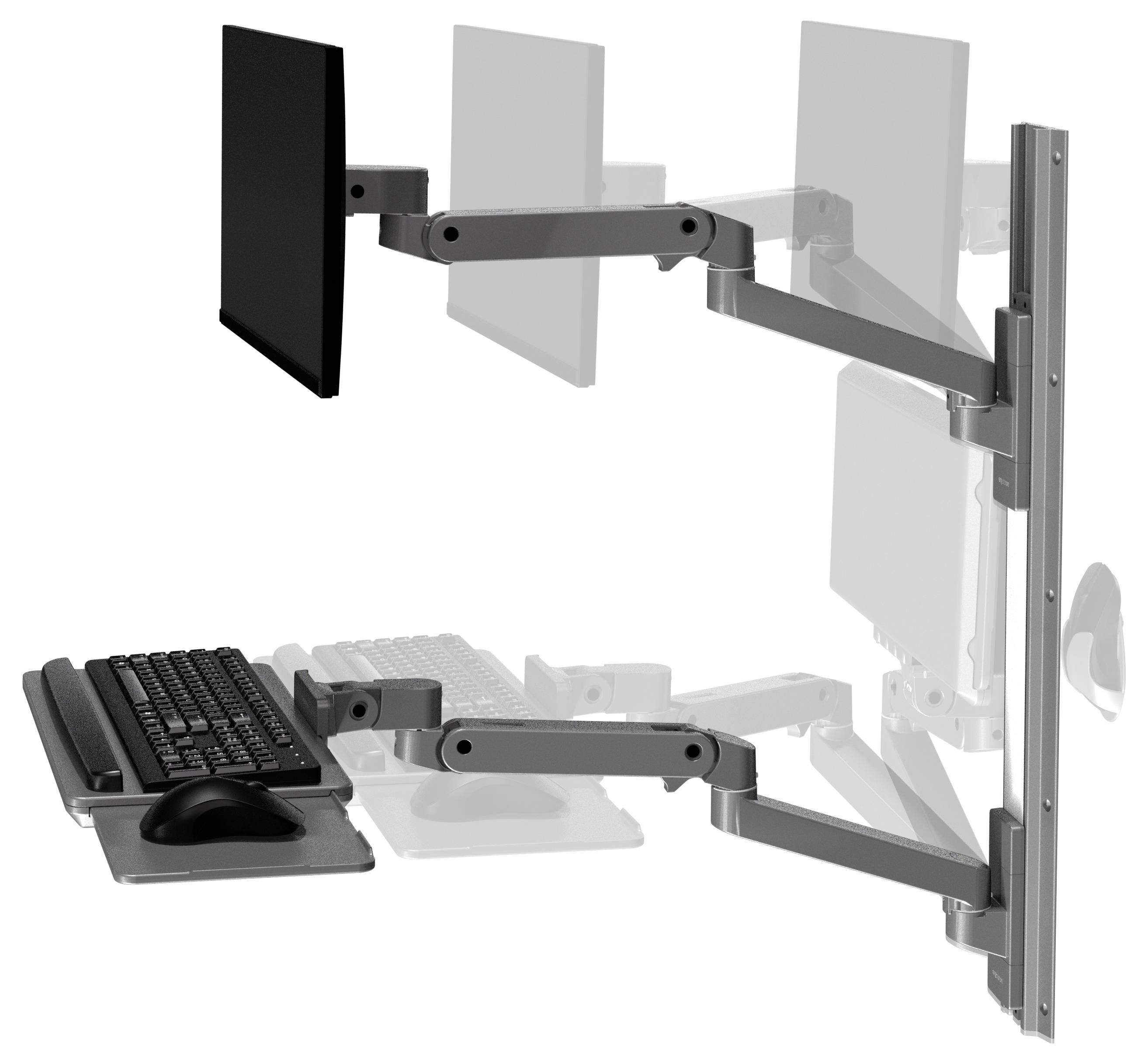 Ein höhenverstellbarer Monitor- und Tastaturarm an der Wand montiert, zeigt verschiedene Positionen für ergonomisches Arbeiten.