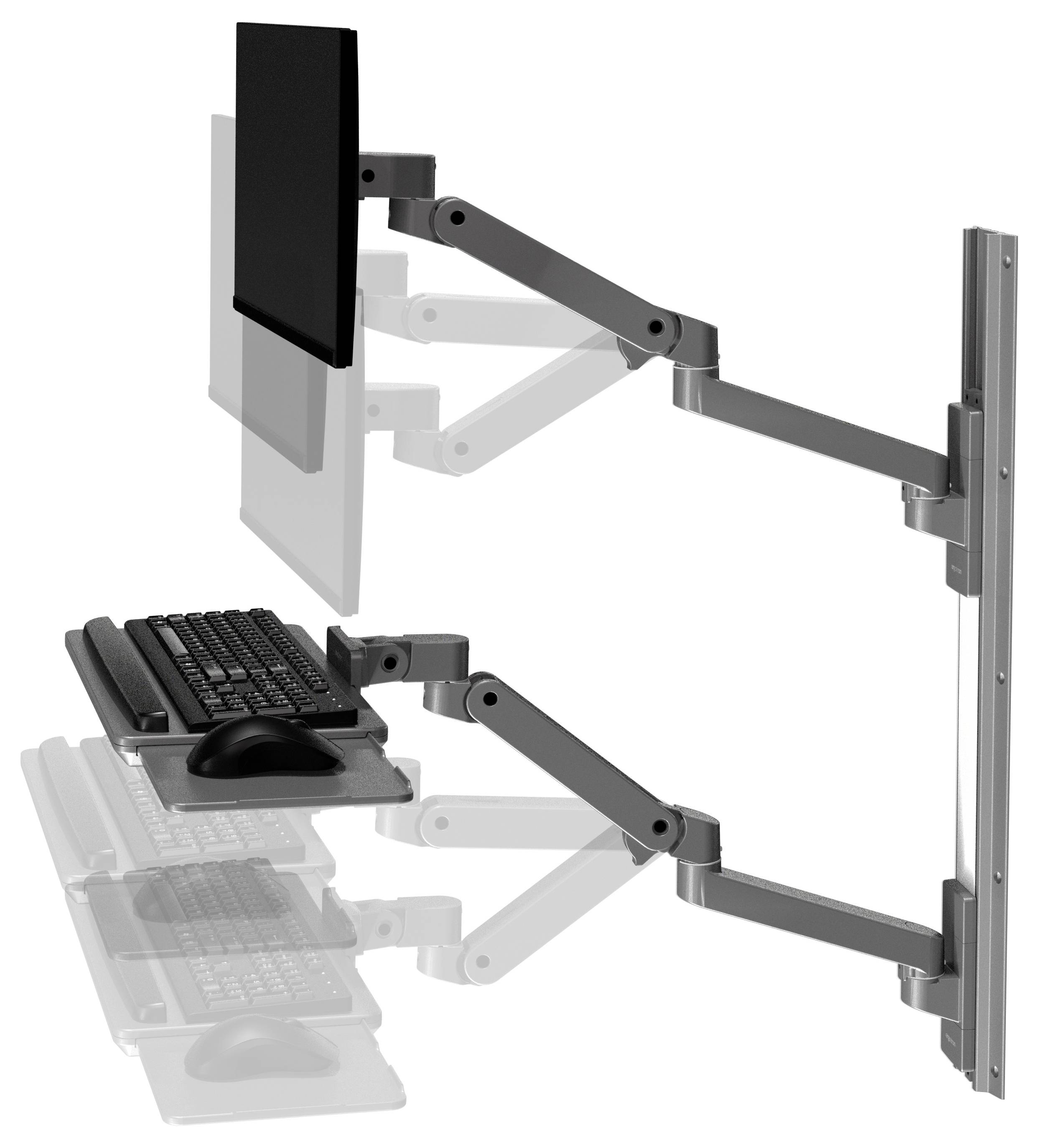 Ein verstellbarer Monitorarm an der Wand montiert. Er hält einen Bildschirm über einer Tastatur und Maus, die auf einem schwenkbaren Brett liegen.