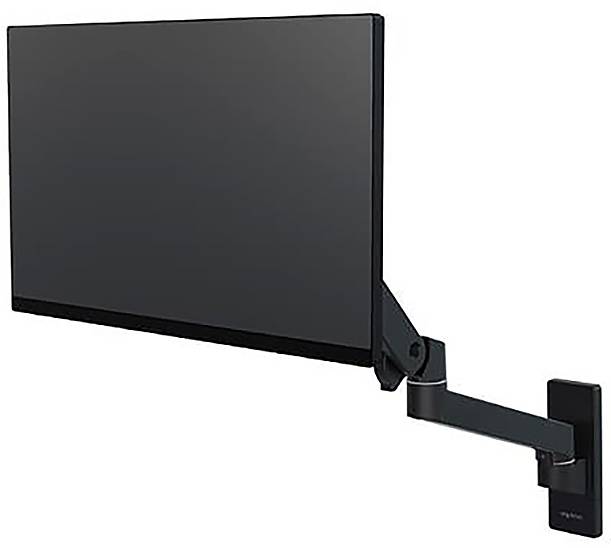 Ein schwarzer Flachbildschirm ist an einem beweglichen Wandarm montiert, der es ermöglicht, den Bildschirm in verschiedene Positionen zu schwenken.