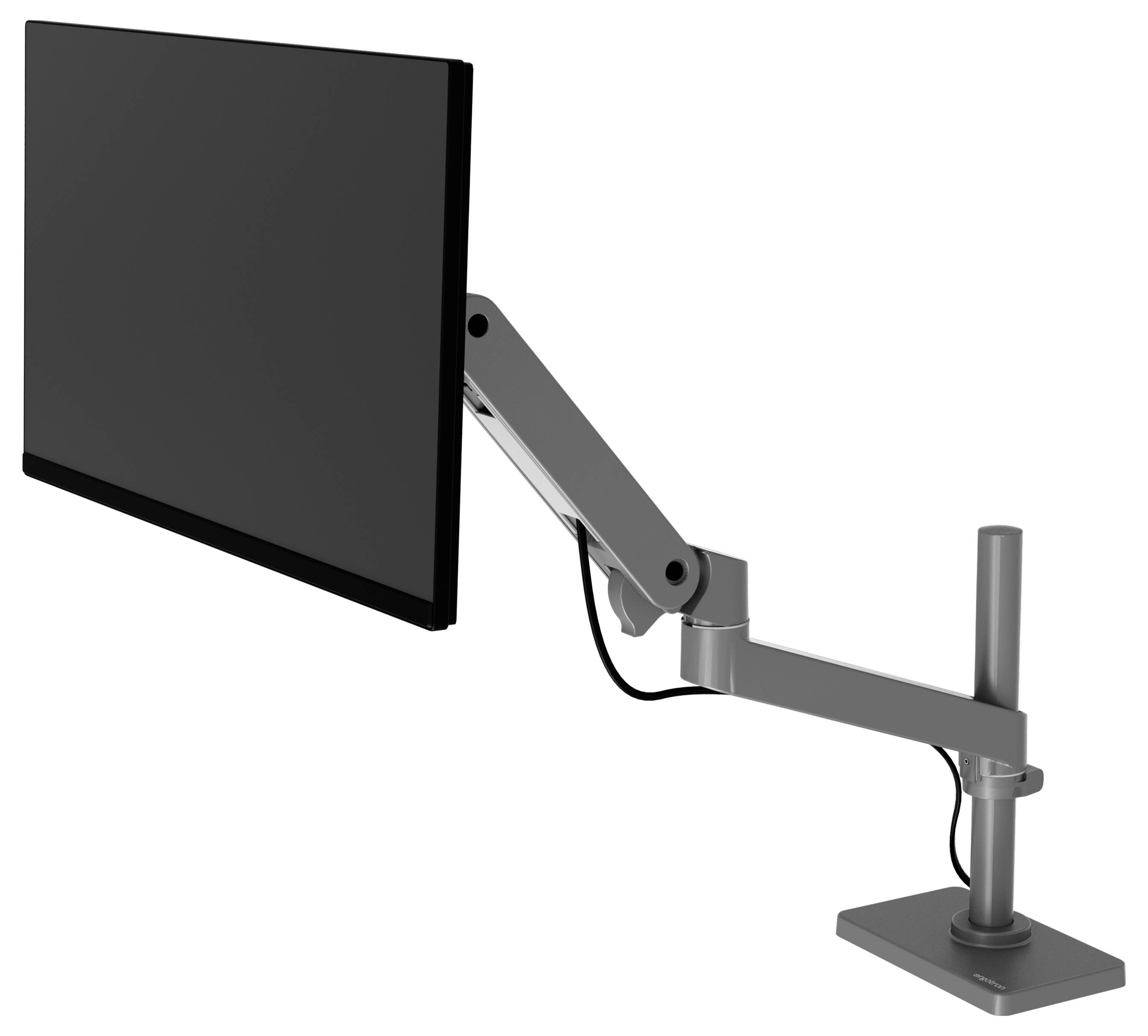 Flacher Computermonitor auf einem verstellbaren Arm befestigt, der an einem Tisch steht. Ideal für flexible Arbeitsplatzanpassungen.