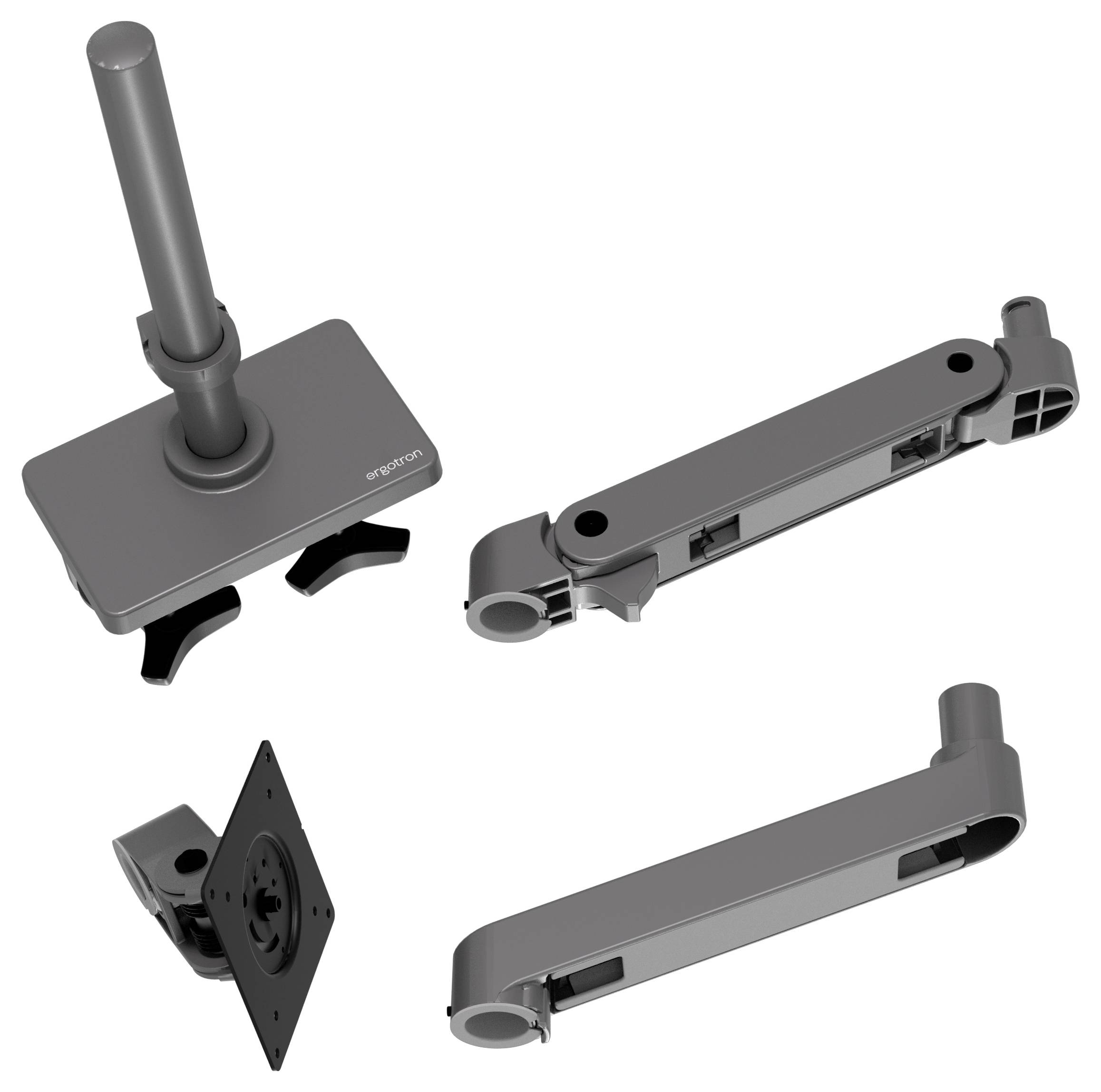 Vier Teile einer Metallkonstruktion, vermutlich Teile eines Halterungssystems, mit verschiedenen Verbindungsstellen und Aufsätzen.