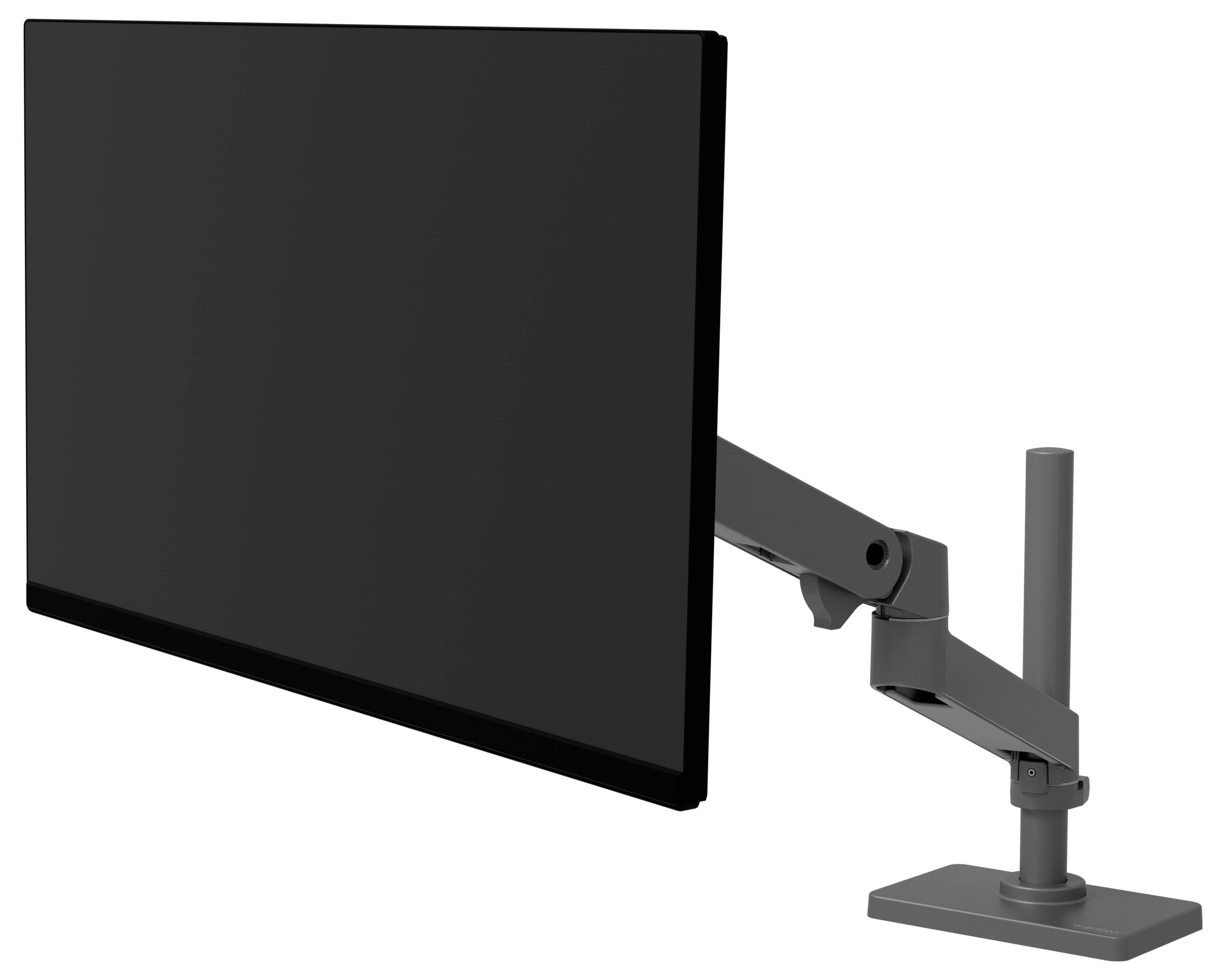 Ein schwarzer Computermonitor ist auf einem verstellbaren, grauen Halterungsarm montiert, der an einem Tisch befestigt ist.