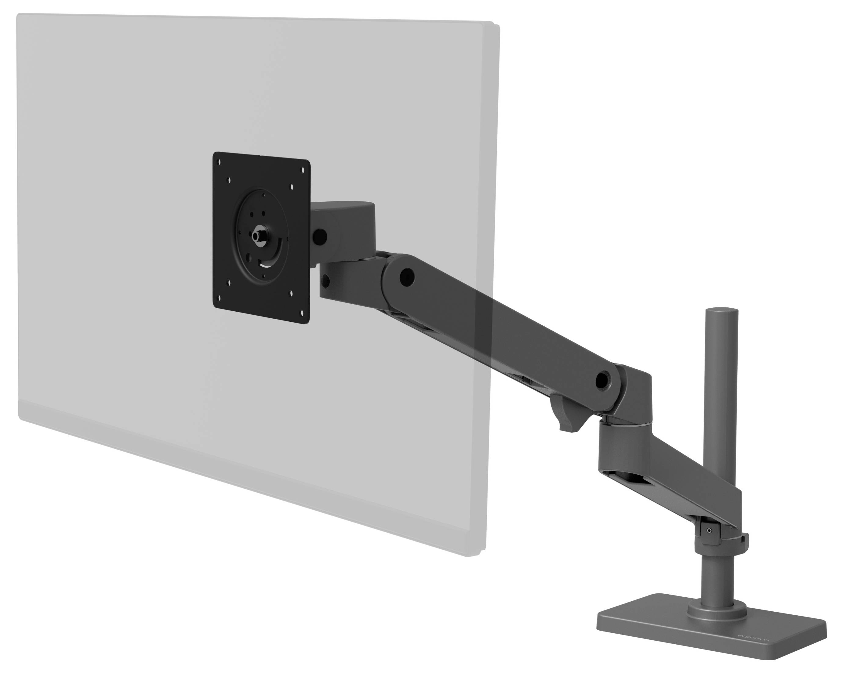 Ein schwarzer Monitorarm mit einem Gelenk zur Befestigung an einem Tisch. Er kann Monitore flexibel in verschiedene Positionen bringen.