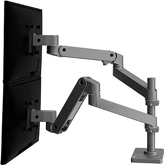 Zwei Monitore an einem verstellbaren Dual-Monitor-Arm montiert, der auf einem Tisch steht. Der Arm ist flexibel für verschiedene Positionen.