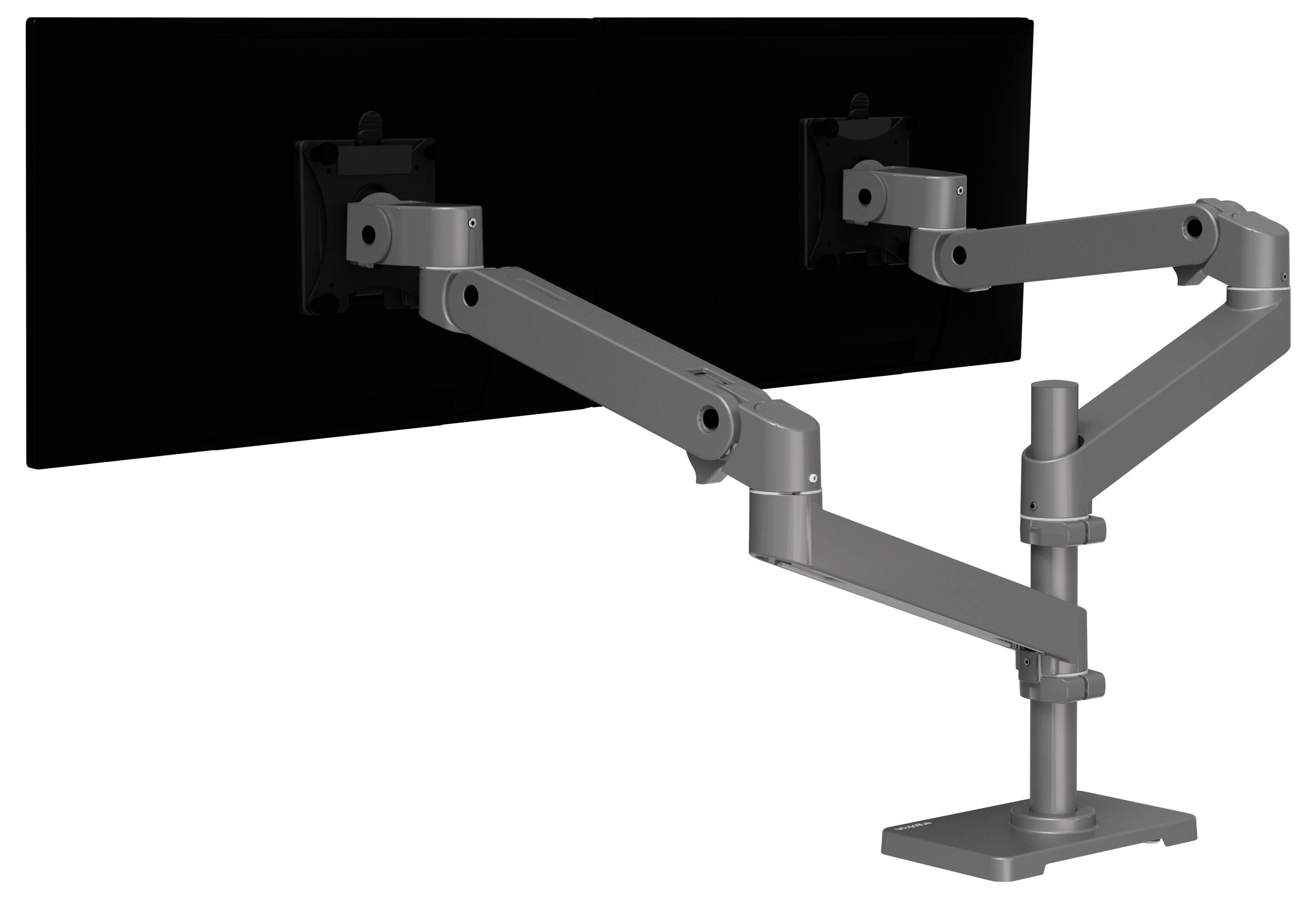 Doppelter Monitorarm aus Metall mit zwei Gelenkarmen, die an einer Tischhalterung befestigt sind. Montiert an zwei schwarzen Monitoren.