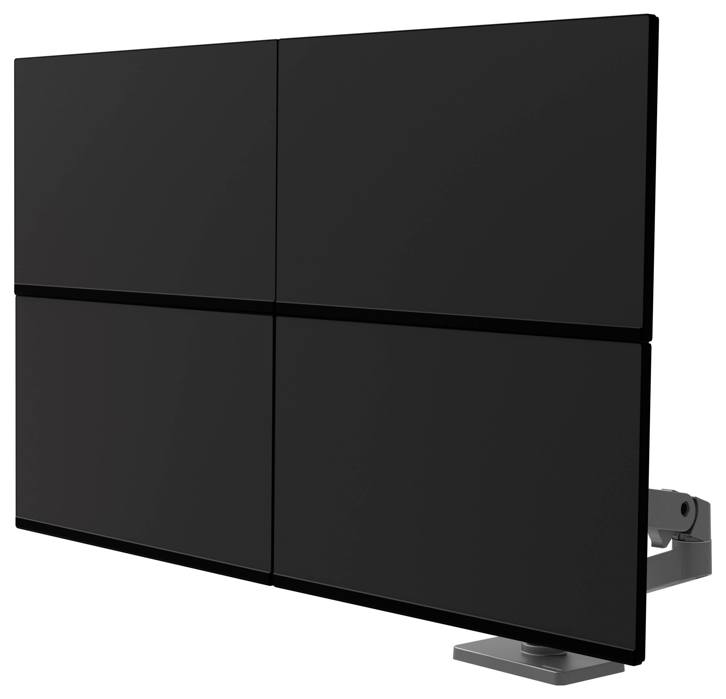 Vier rechteckige, schwarze Monitore sind in einem 2x2-Raster angeordnet und auf einem Standfuß montiert.