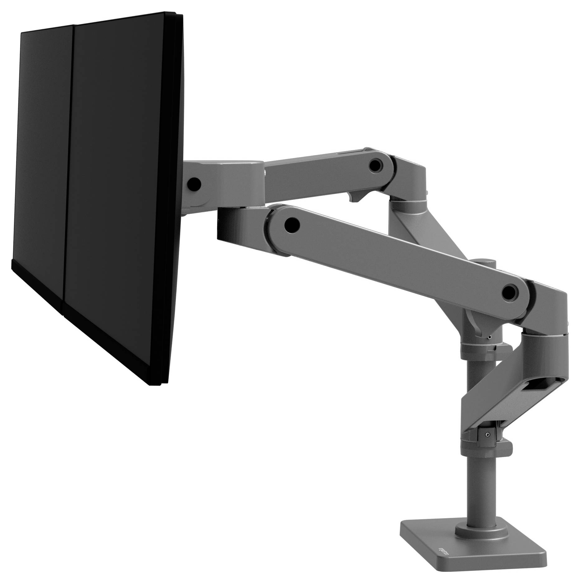Ein Dual-Monitor-Arm im seitlichen Profil. Die Arme sind verstellbar und an einer stabilen Basis befestigt, die auf einem Tisch montiert ist.
