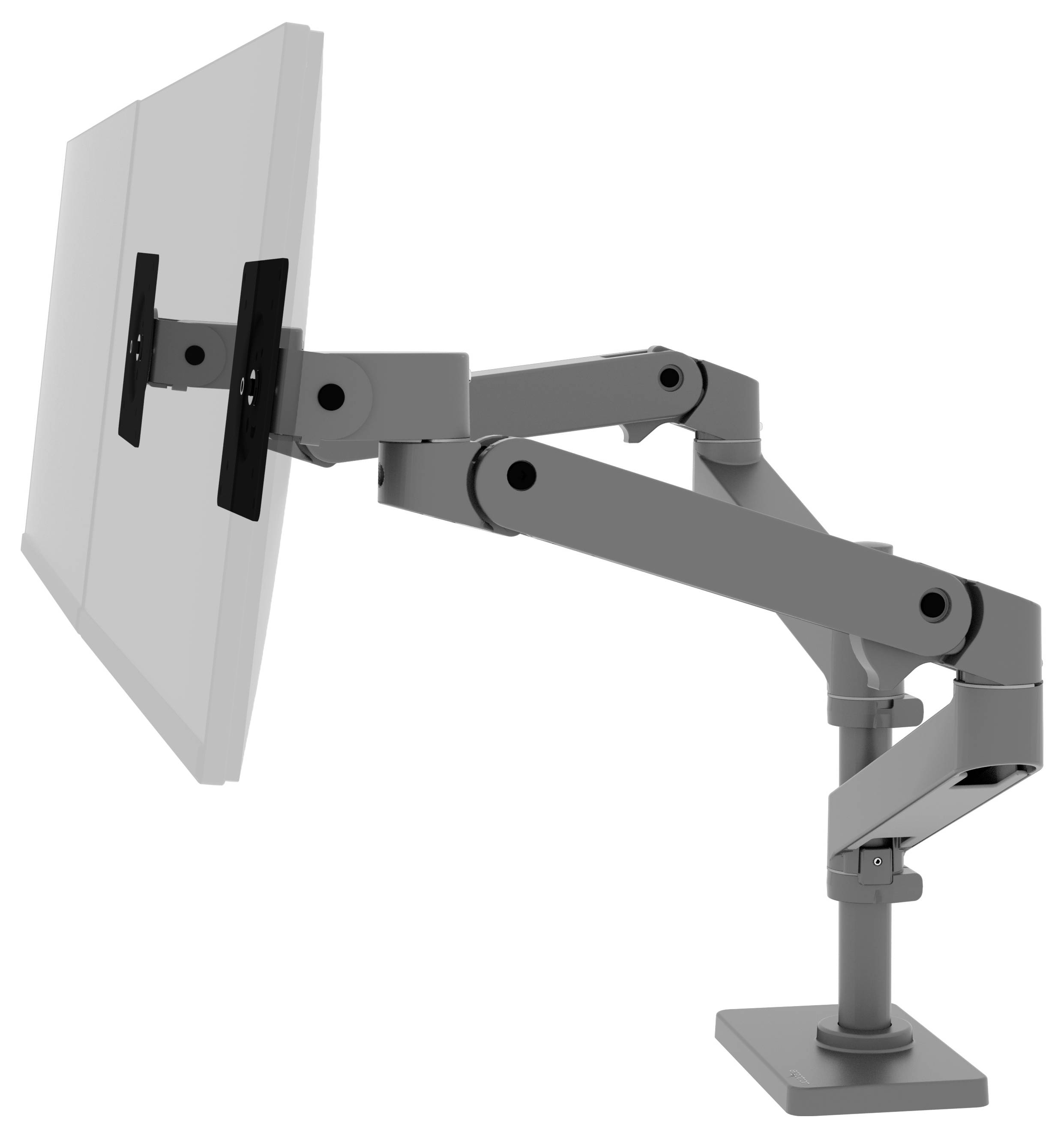 Ein verstellbarer Monitorarm mit zwei Gelenken, befestigt an einem Tischständer, zeigt eine ergonomische Lösung für Arbeitsplatzmonitore.