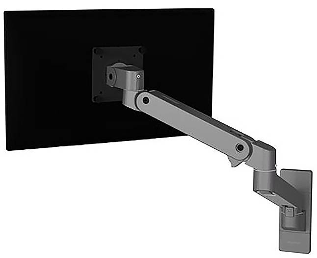 Ein schwarzer Bildschirm ist an einem verstellbaren, grauen Monitorarm befestigt, der an der Wand montiert ist.