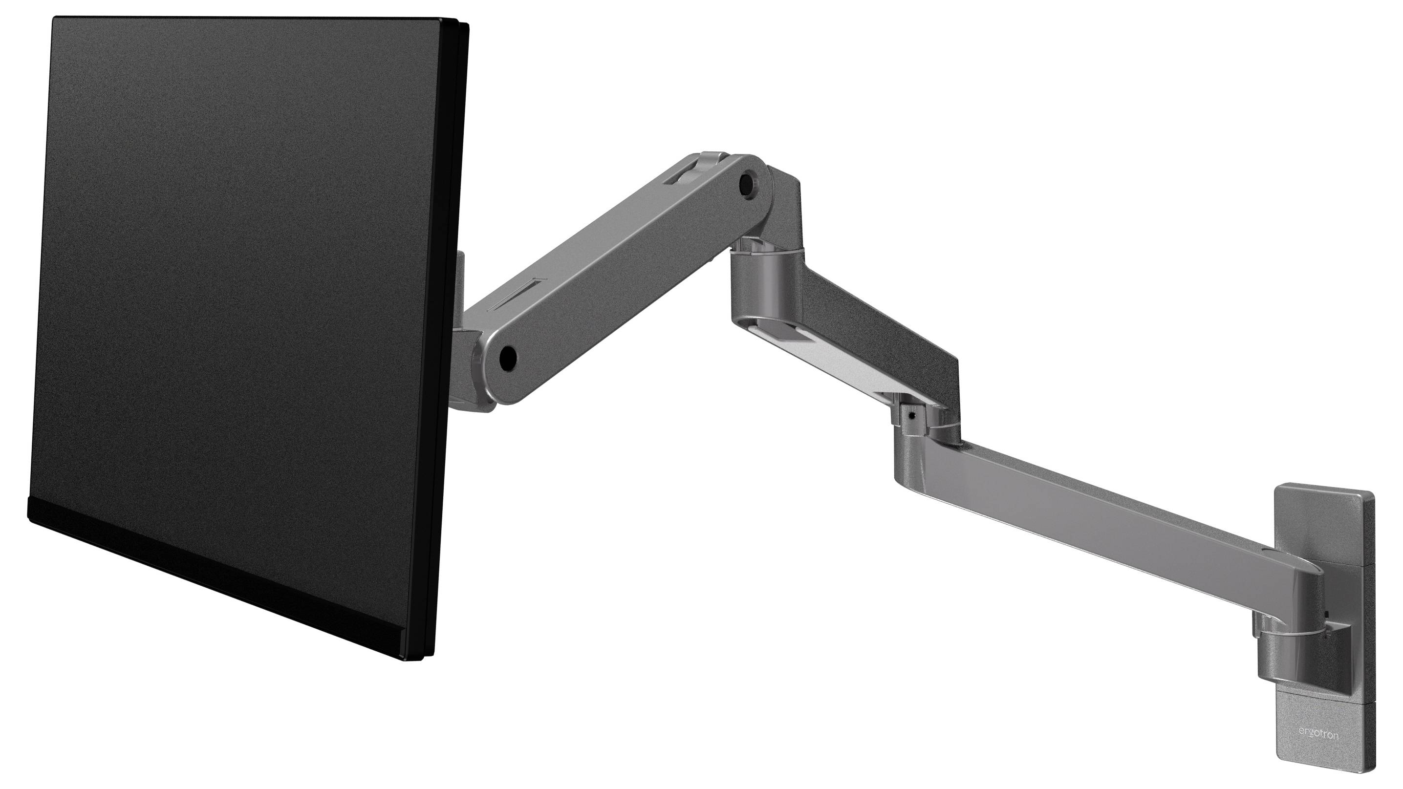 Ein Monitorarm aus Metall mit mehreren Gelenken, zur flexiblen Positionierung eines Bildschirms an einer Wandhalterung.