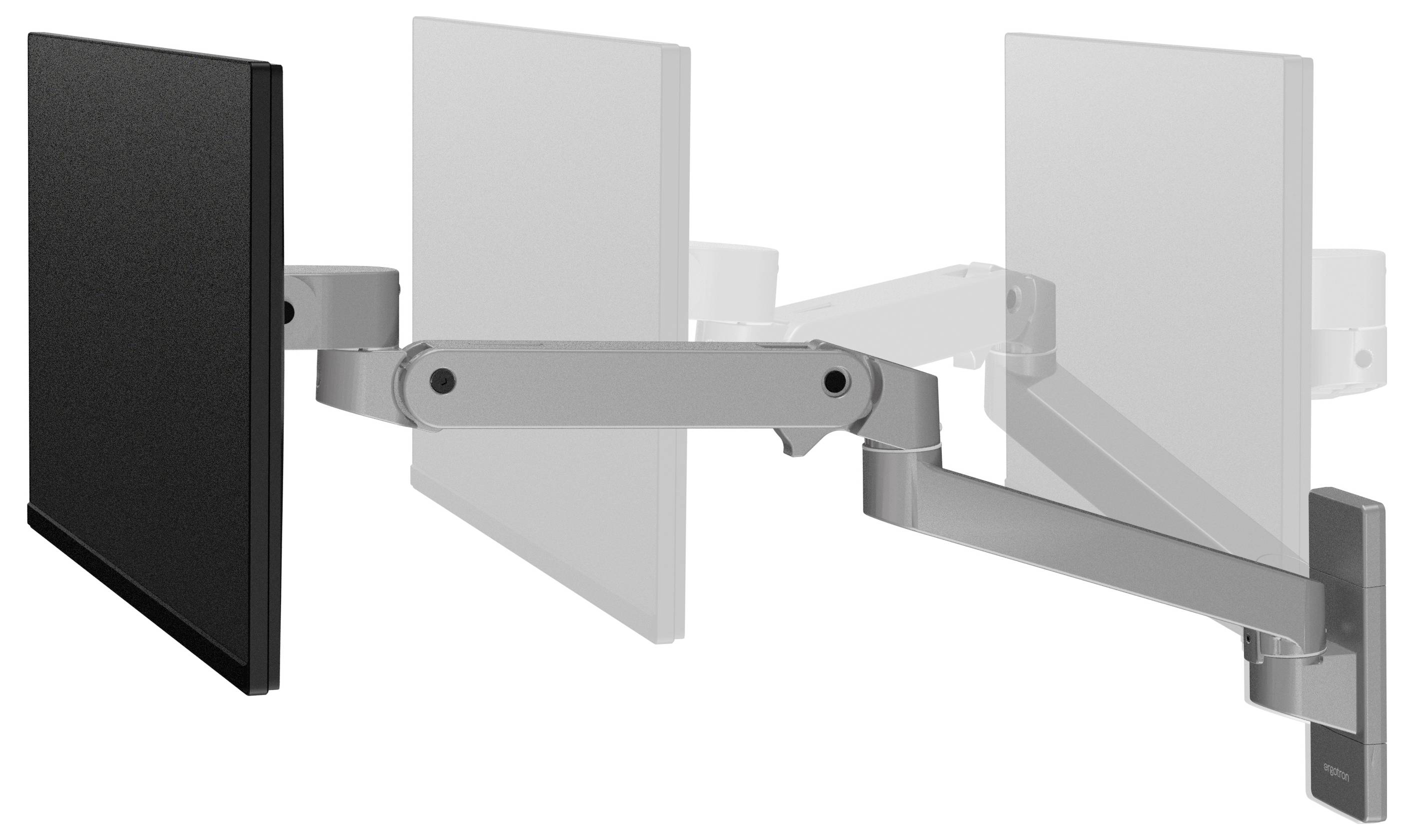 Ein schwarzer Computermonitor ist an einem flexiblen, schwenkbaren Arm montiert, der es ermöglicht, den Bildschirm in verschiedene Positionen zu bewegen.