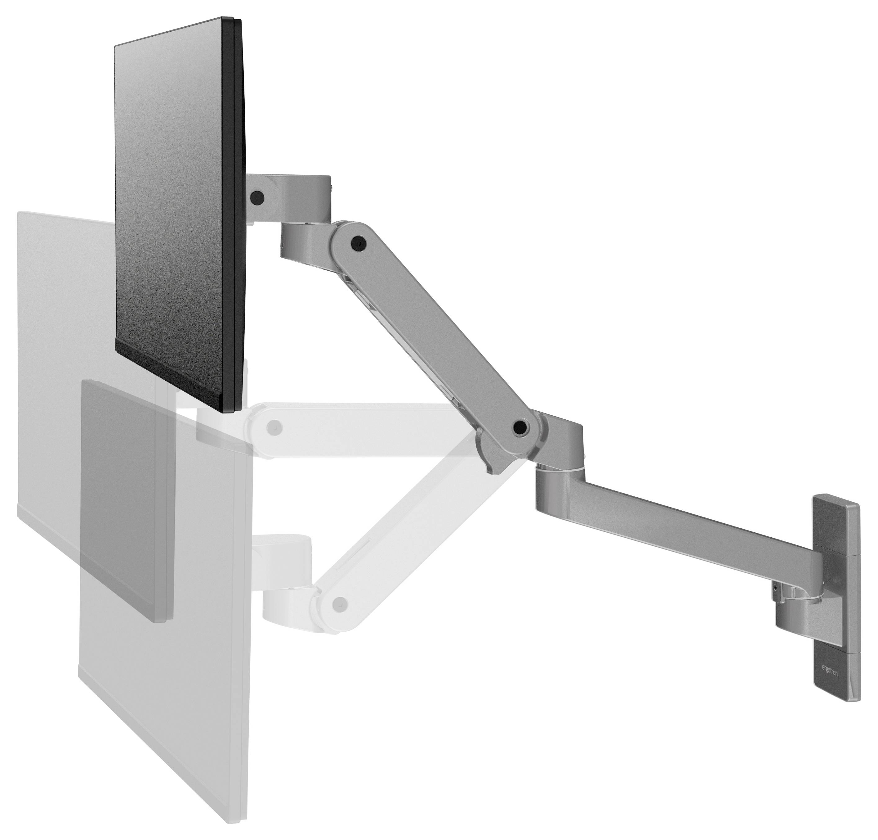 Verstellbarer Monitorarm mit mehreren Gelenken an der Wand montiert, ermöglicht flexibles Positionieren eines Bildschirms.