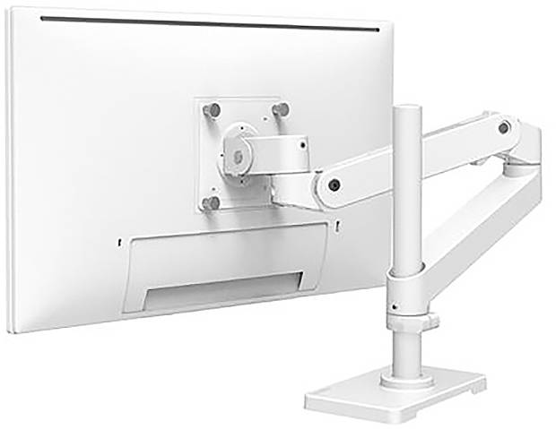 Ein weißer Monitorarm aus Metall, der einen Bildschirm hält. Der Arm ist verstellbar und auf einem stabilen, rechteckigen Standfuß montiert.