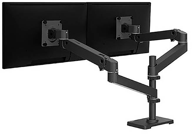 Zwei Monitore an einem dualen Monitorarm befestigt, der Flexibilität und verstellbare Positionierung auf einem Schreibtisch ermöglicht.