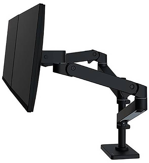 Ein schwarzer Monitorarm hält zwei Bildschirme nebeneinander. Der Arm ist verstellbar und an einem Tisch befestigt.