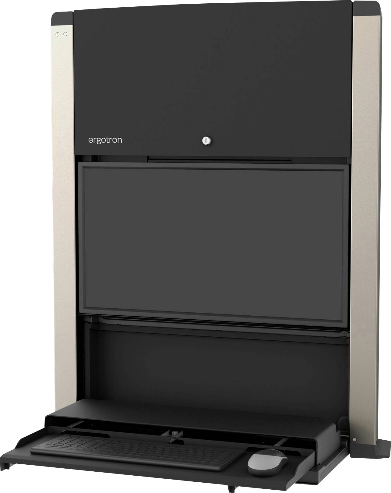 Möbelstück aus Metall mit schwarzer Front und klappbarem Fach, das eine Tastatur und Maus enthält. Ideal für platzsparende Computerarbeitsplätze.