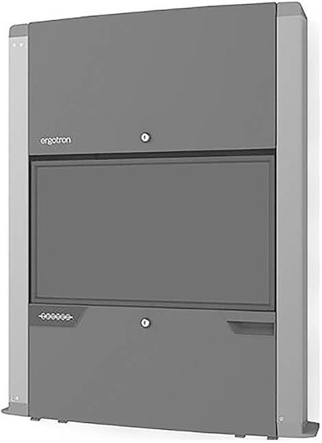 Graue Wandhalterung zur Aufbewahrung von Monitoren oder medizinischen Geräten, geschlossen, zeigt keine elektronischen Komponenten.