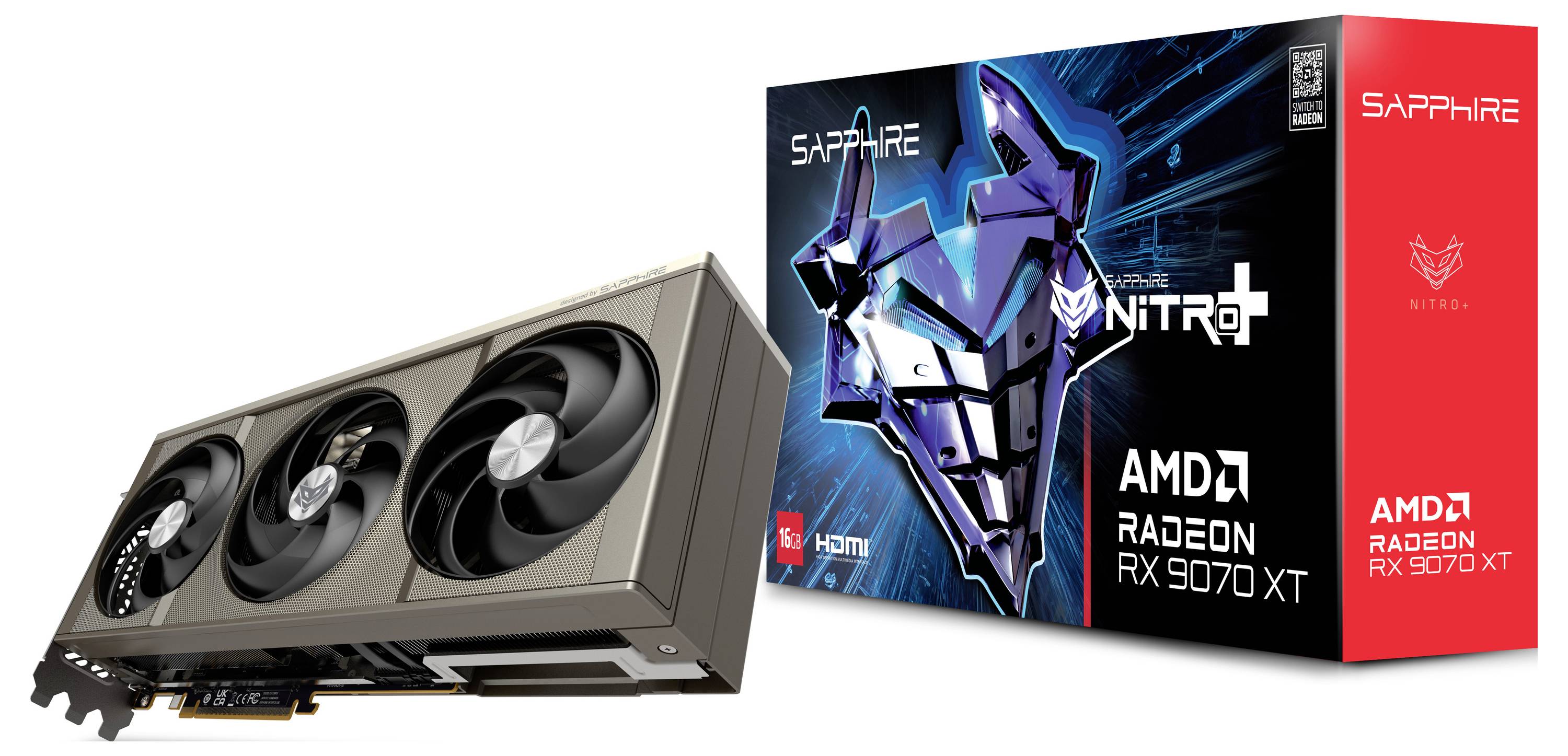 Grafikkarte Sapphire Nitro+ AMD Radeon RX 7900 XT vor ihrer Verpackung; zeigt Lüfterdesign und Produktmarkierung.