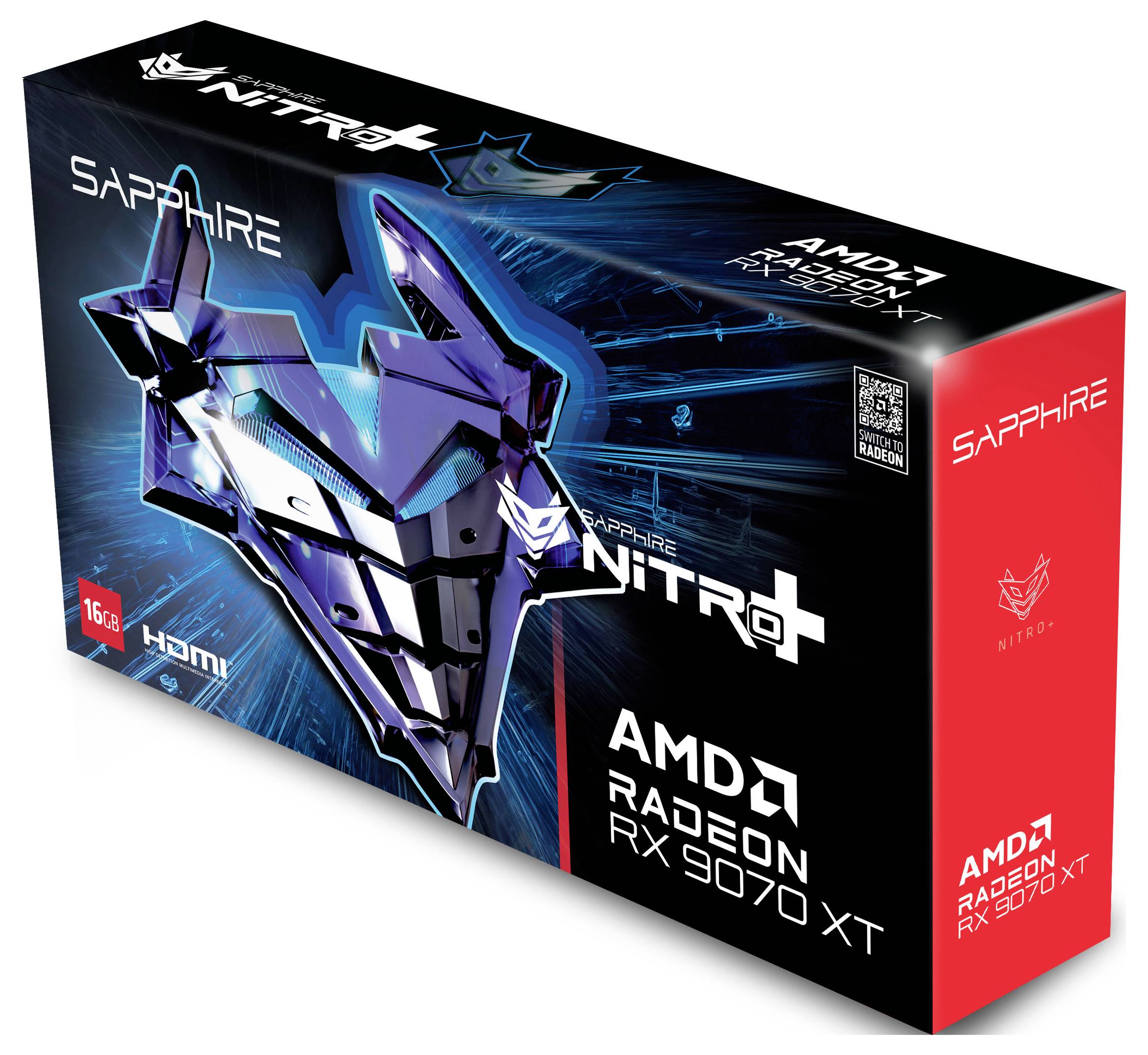 Verpackung einer AMD Radeon RX 7900 XT Grafikkarte von Sapphire, Modell Nitro+. 16 GB, HDMI-Anschluss, auffälliges Design mit futuristischer Grafik.