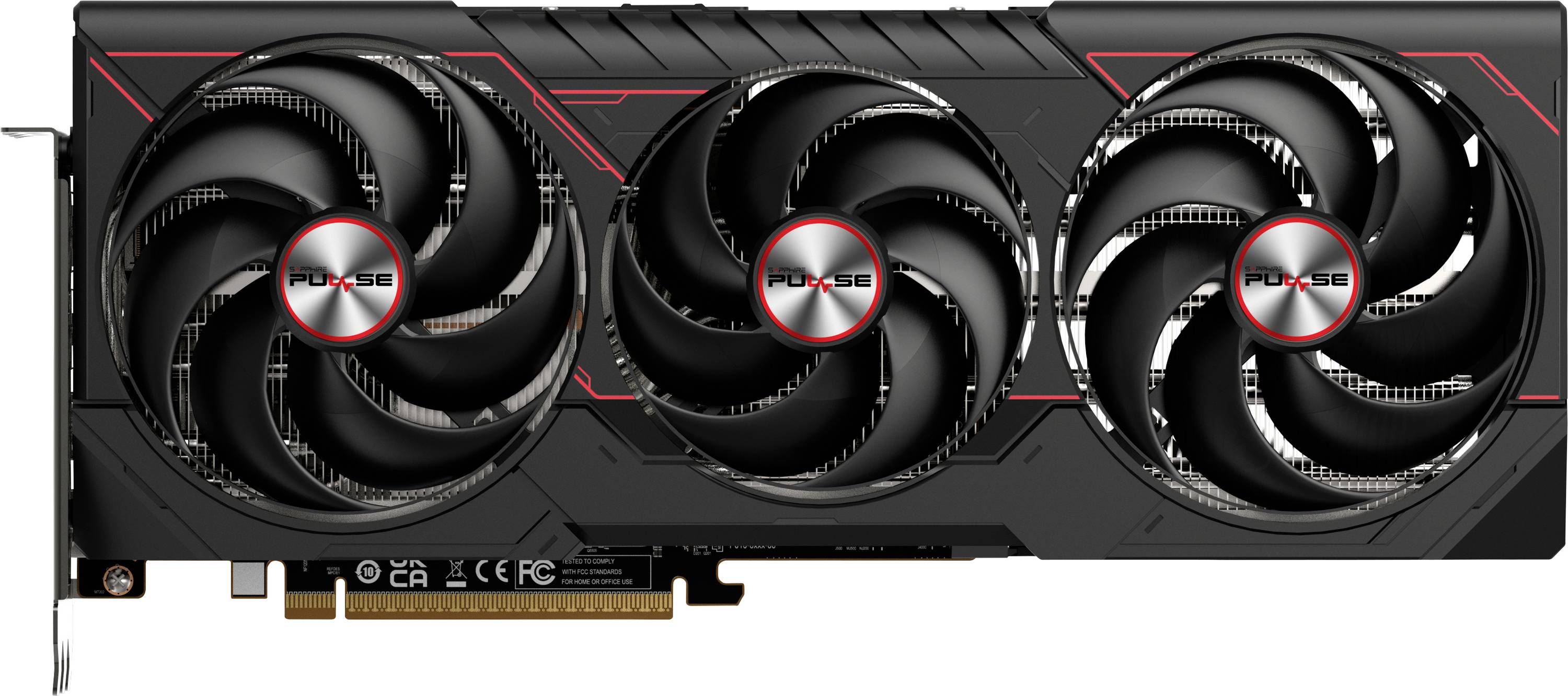 Dreilüfter-Grafikkarte mit schwarzem Design und roten Akzenten. Markiert mit 'PULSE'. Geeignet für Hochleistungs-Gaming-PCs.