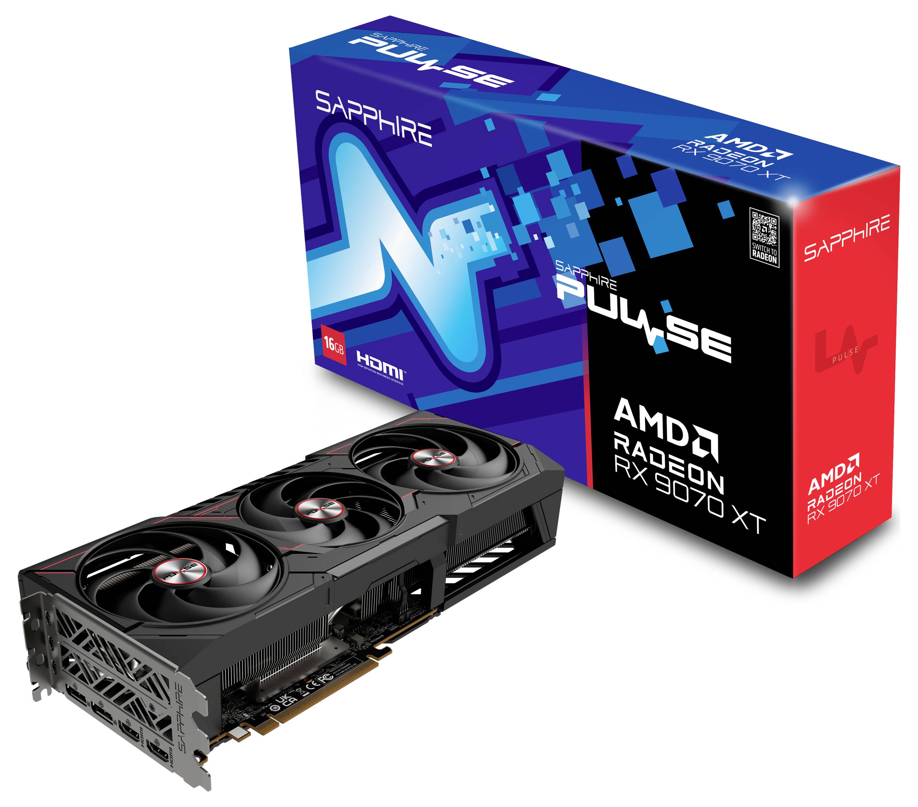 Eine Sapphire PULSE AMD Radeon RX 7900 XT Grafikkarte mit Verpackung, die das Logo und die Modellbezeichnung zeigt.