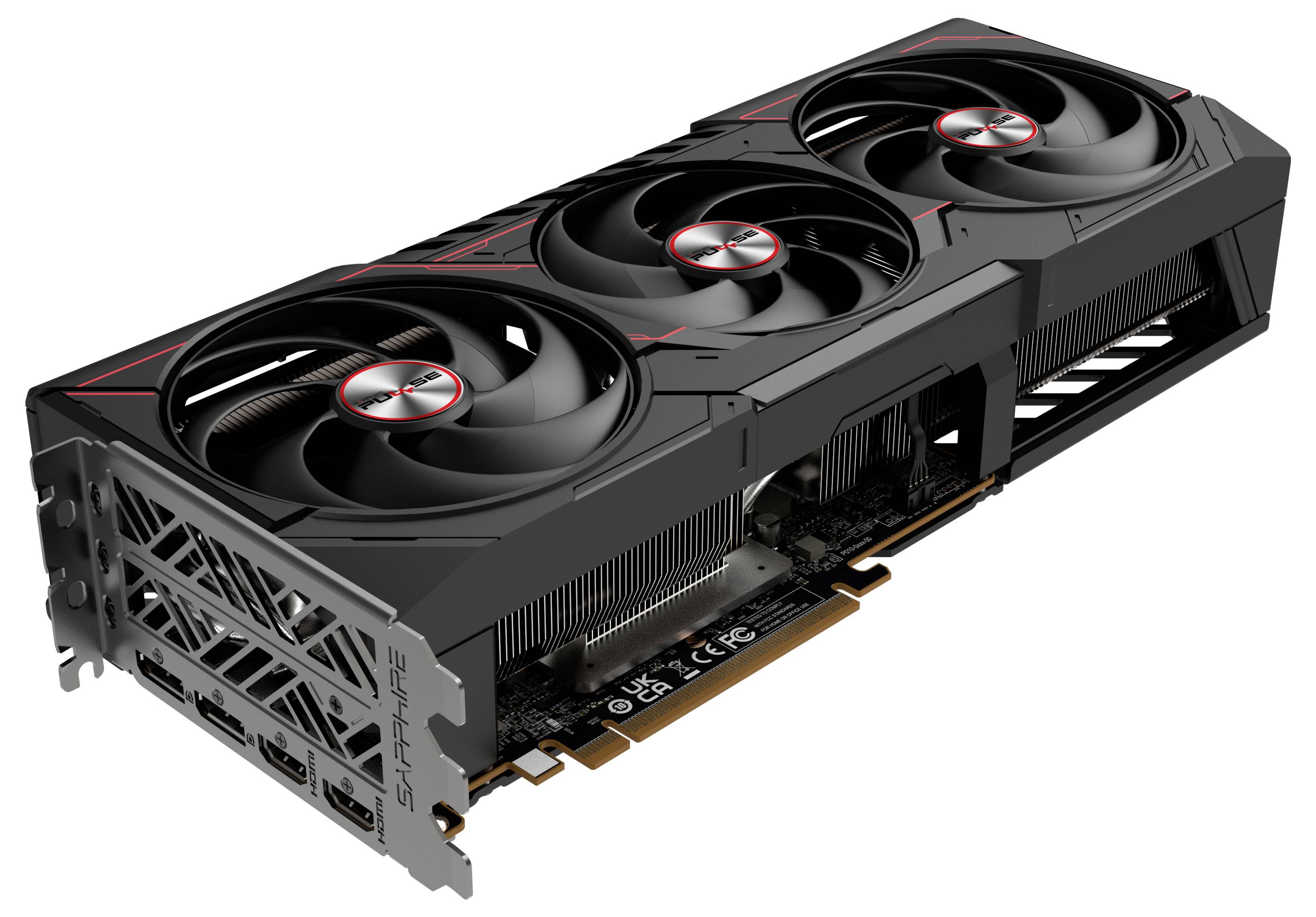 Grafikkarte mit drei Lüftern und mehreren Anschlussmöglichkeiten, geeignet für leistungsstarke PCs oder Gaming.
