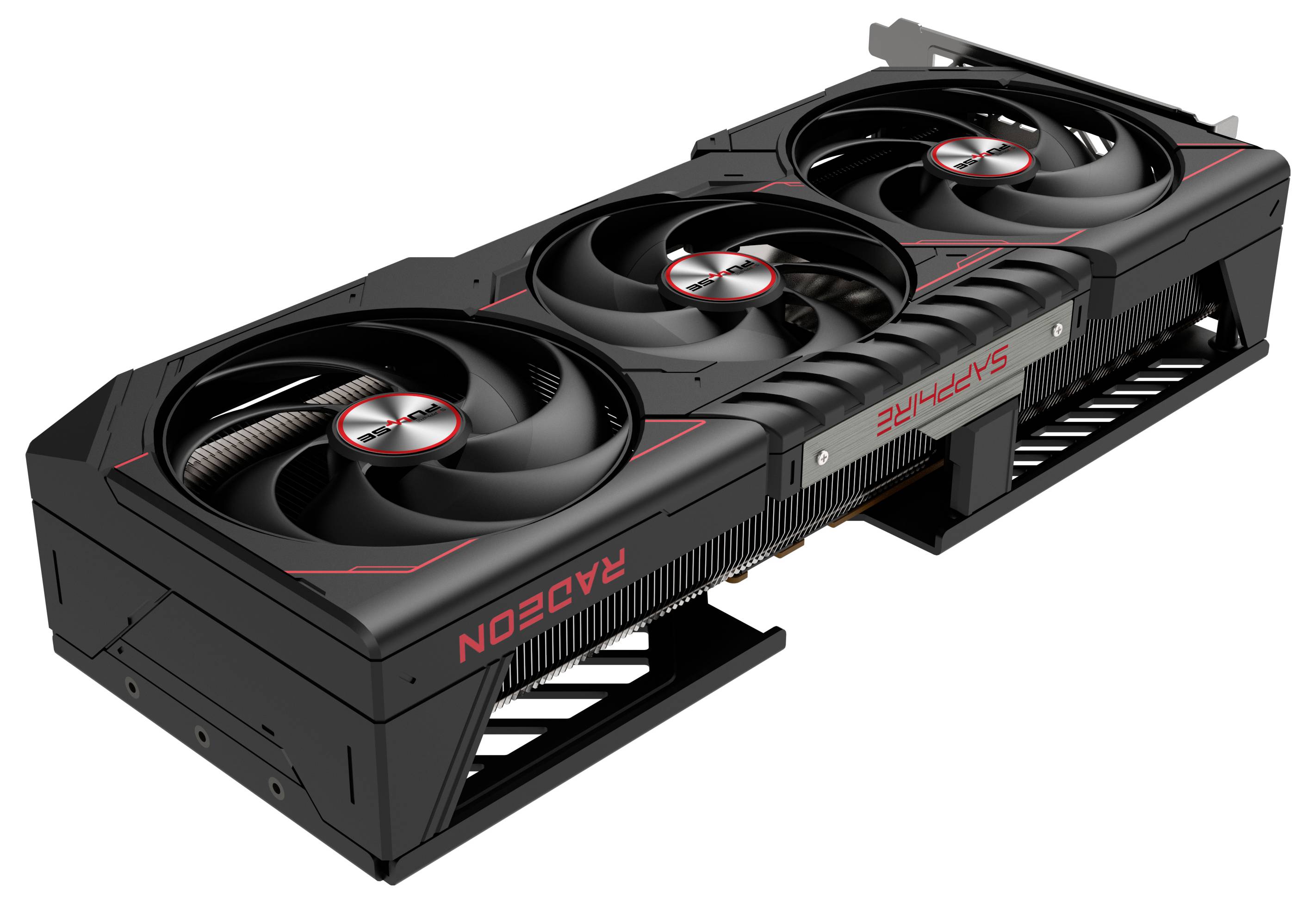 Eine schwarze Grafikkarte mit drei Lüftern und rotem Schriftzug 'Radeon'. Sie hat ein robustes Design mit einem Metallgehäuse.