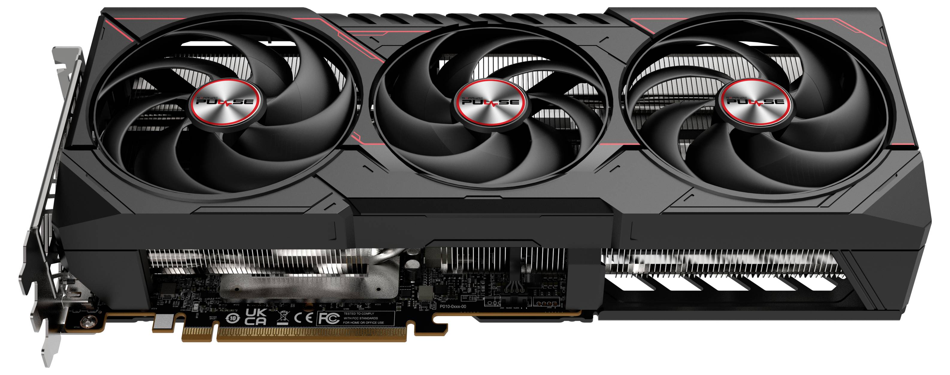 Eine Gaming-Grafikkarte mit drei Lüftern und einem schwarzen Gehäuse, typisch für leistungsstarke Computer und anspruchsvolle Spiele.