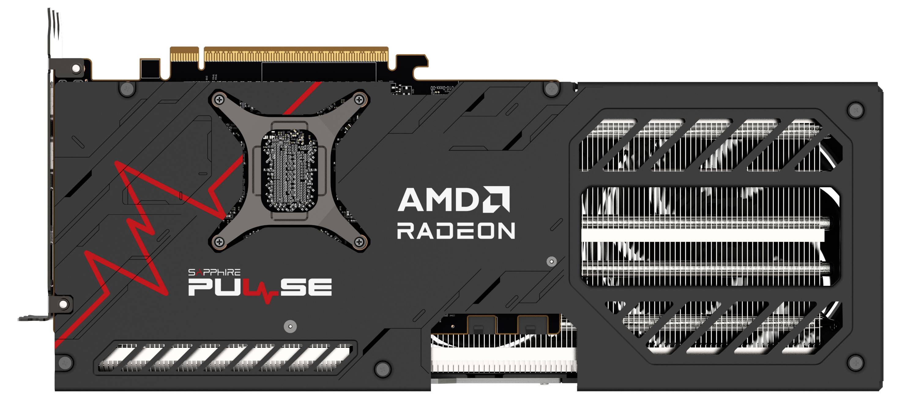 Eine schwarze Grafikkarte mit dem AMD Radeon-Logo und SAPPHIRE PULSE 4 SE-Aufschrift, enthält rote Akzente und Lüftungsschlitze.