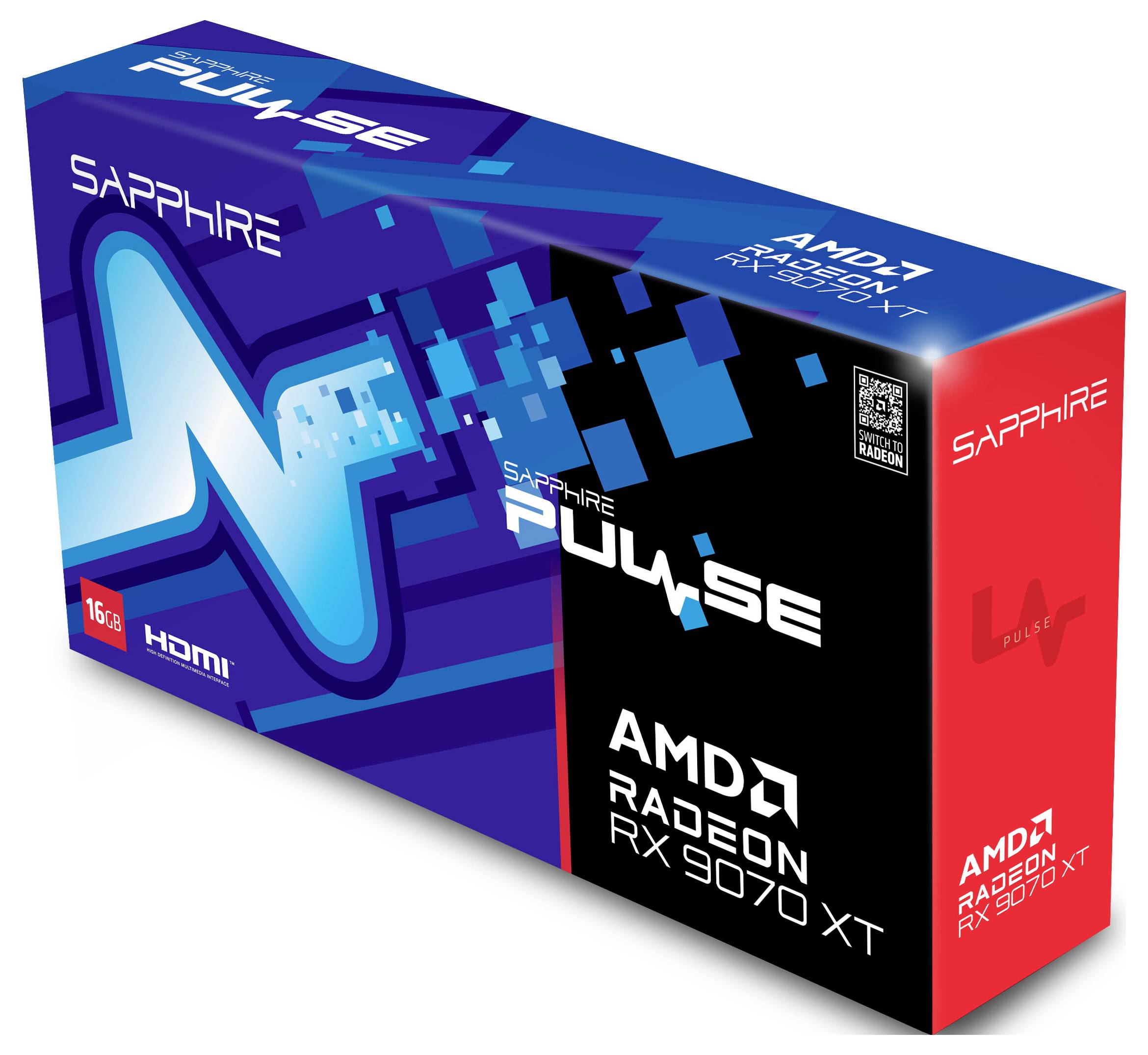 Verpackung für eine AMD Radeon RX 9070 XT Grafikkarte von Sapphire Pulse mit 16 GB und HDMI-Anschluss.