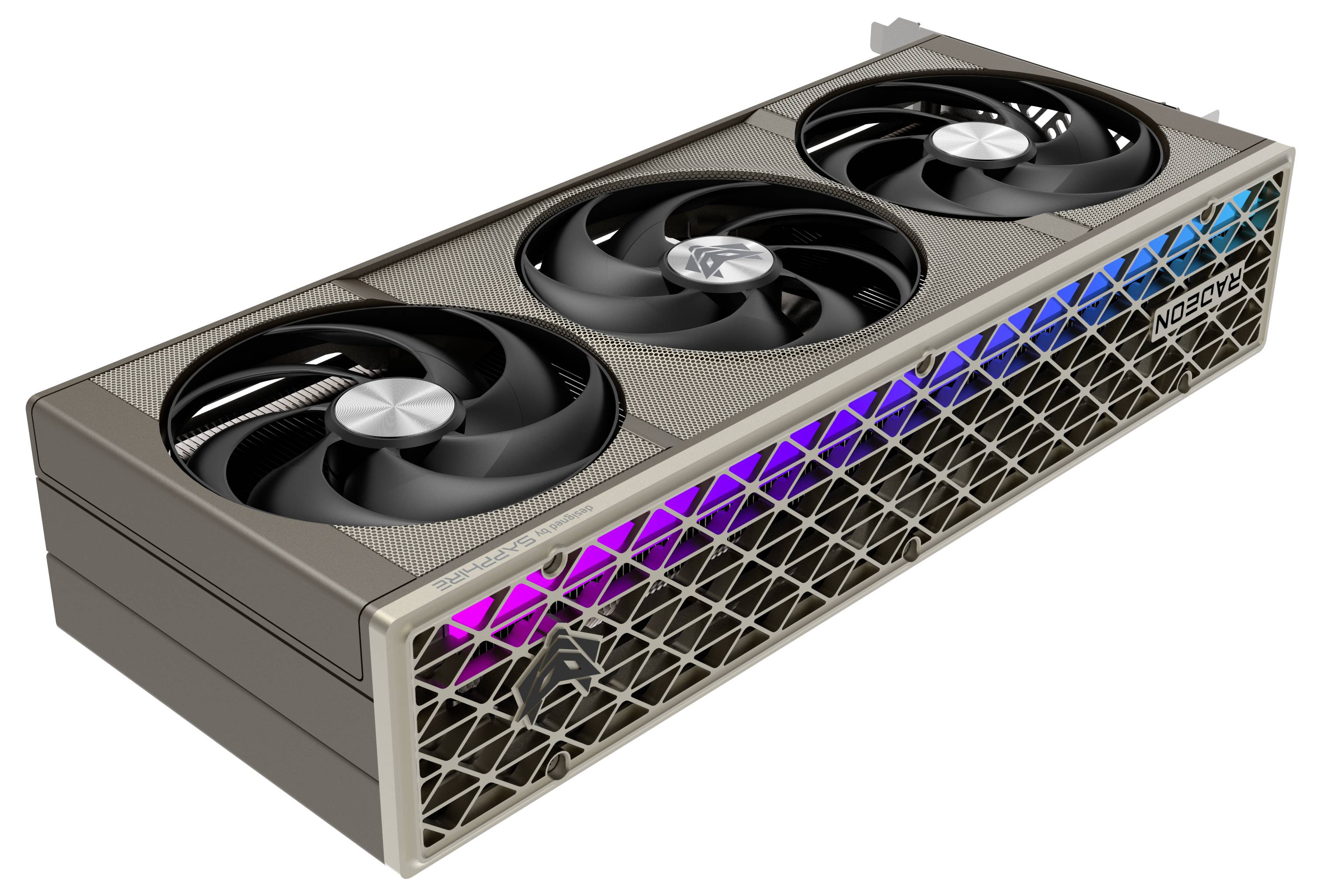 Eine moderne Grafikkarte mit drei Lüftern und RGB-Beleuchtung an der Seite, die das Logo 'NOCTUA' zeigt.