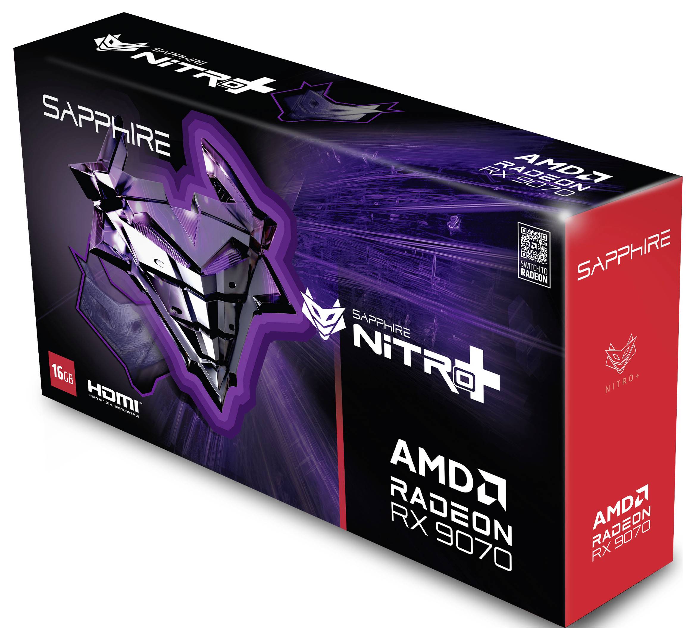 Verpackung der 'Sapphire Nitro+ AMD Radeon RX 7900'. Zeigt ein futuristisches Logo und weist auf 16 GB und HDMI-Kompatibilität hin.