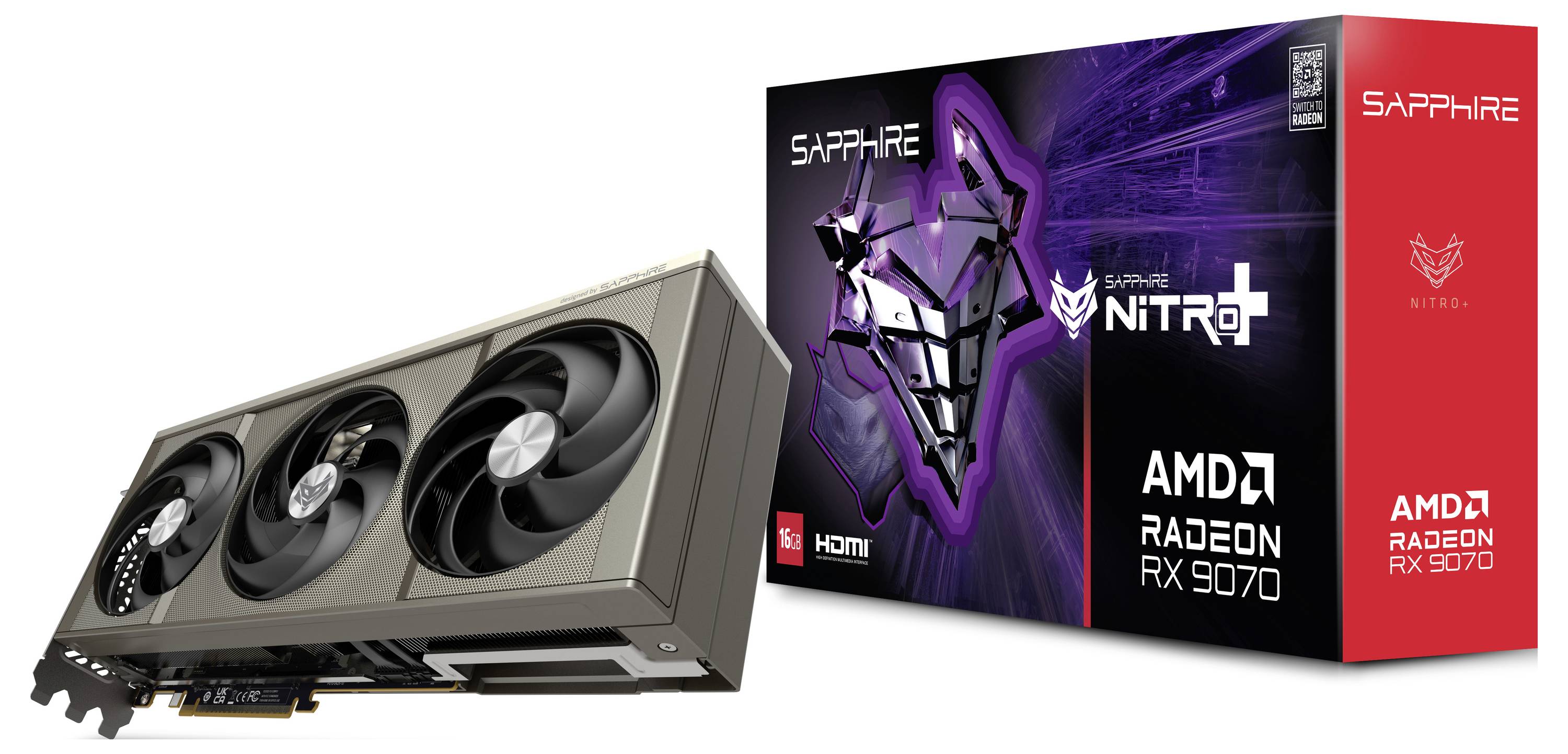 AMD Radeon RX 7900 Grafikkarte mit drei Lüftern neben einer Verpackung mit 'Sapphire Nitro+ AMD Radeon RX 7900' Beschriftung.