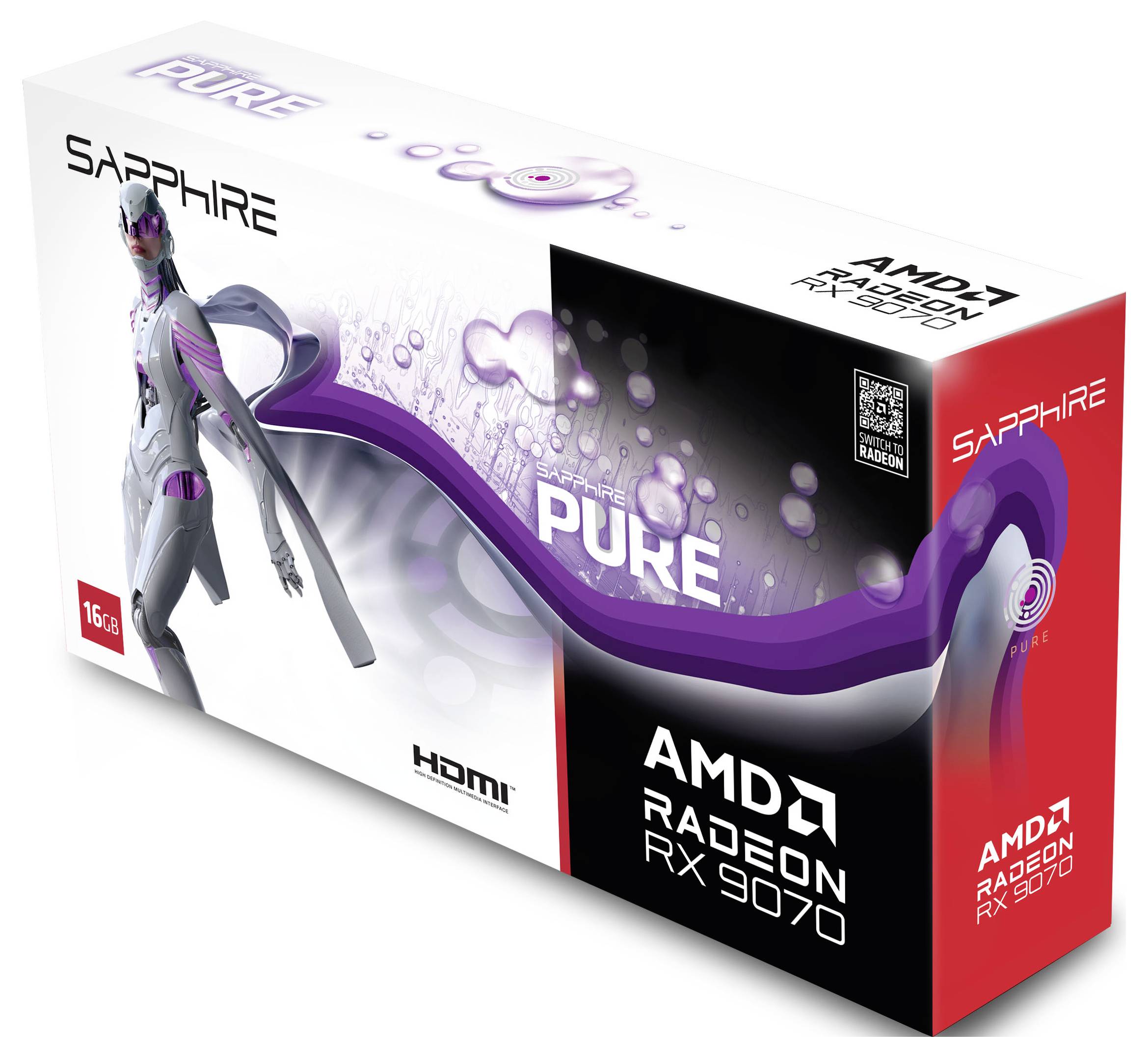 Verpackung einer Grafikkarte der Marke Sapphire, Modell AMD Radeon RX 9070 Pure. Verpackung in Weiß und Violett mit futuristischem Design.