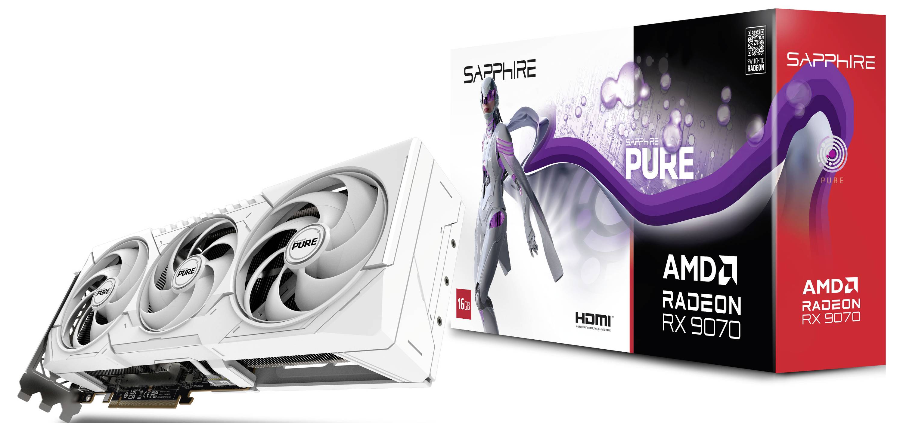 Eine weiße AMD Radeon RX 7900 Grafikkarte von Sapphire neben ihrer Verpackung mit einem futuristischen, lila Design.