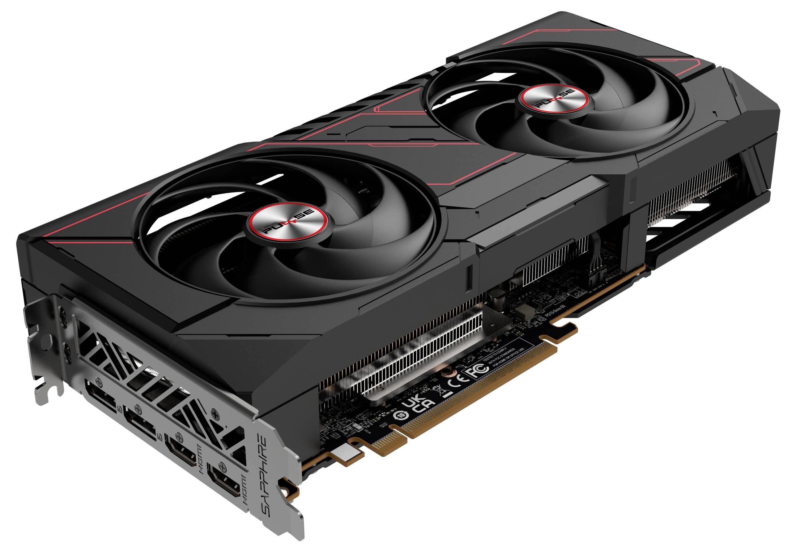Grafikkarte mit zwei großen Lüftern, schwarzem Gehäuse und mehreren Display-Anschlüssen an der Seite, geeignet für Gaming-PCs.