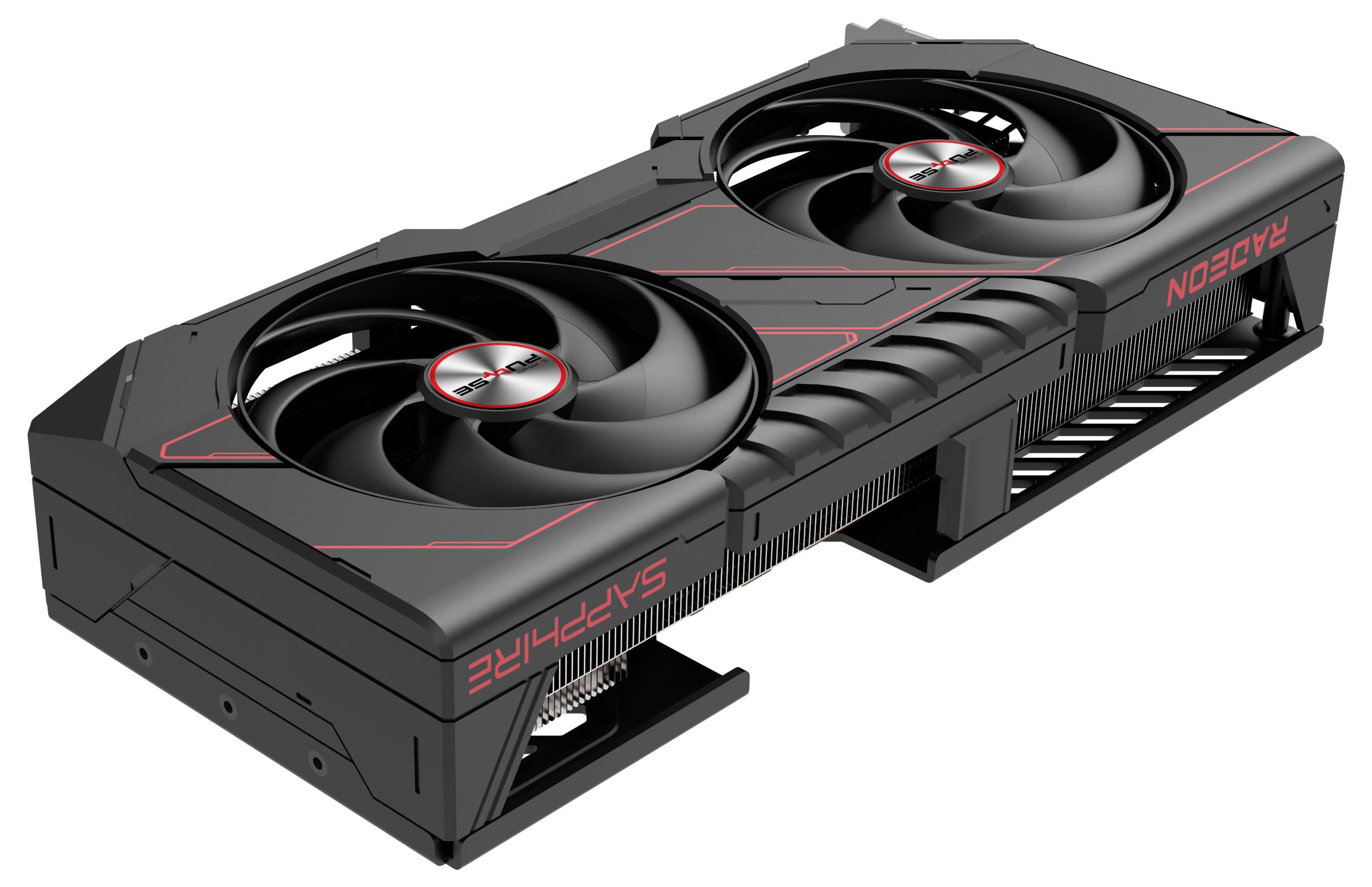 Eine schwarze Grafikkarte mit zwei großen Lüftern und roten Akzenten. Markiert mit 'Sapphire' und 'Radeon'.