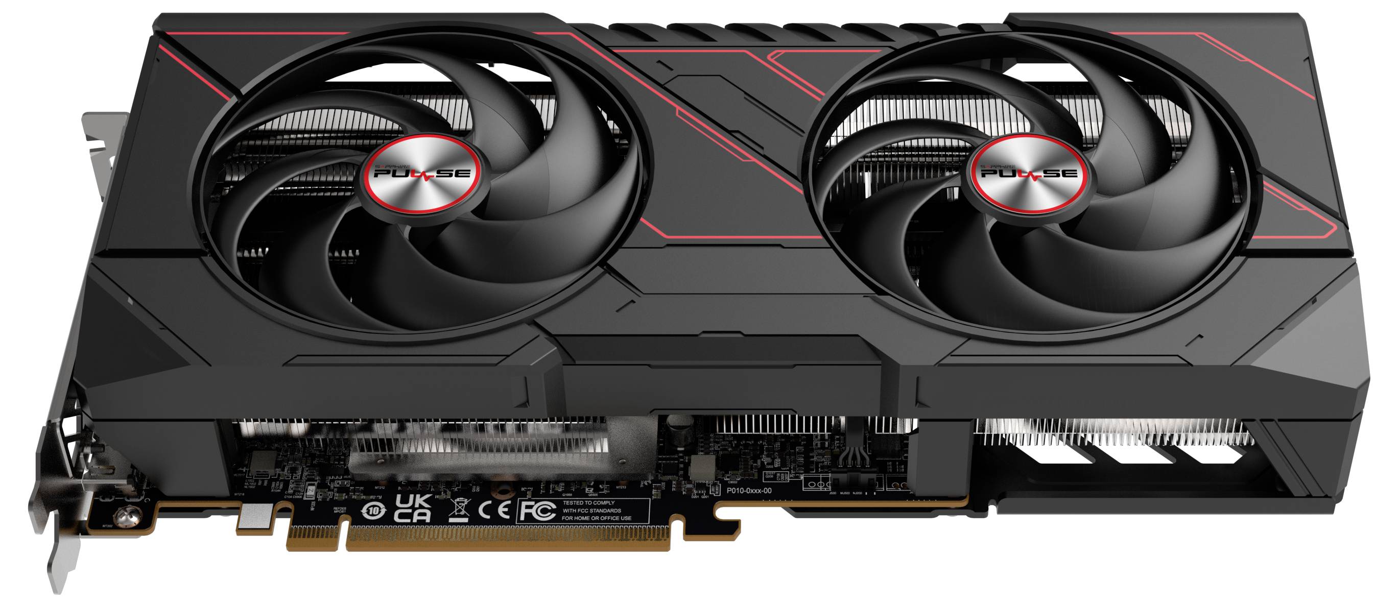 Eine schwarze Grafikkarte mit zwei großen Lüftern, roten Akzenten und sichtbaren Anschlussleisten auf der Unterseite.