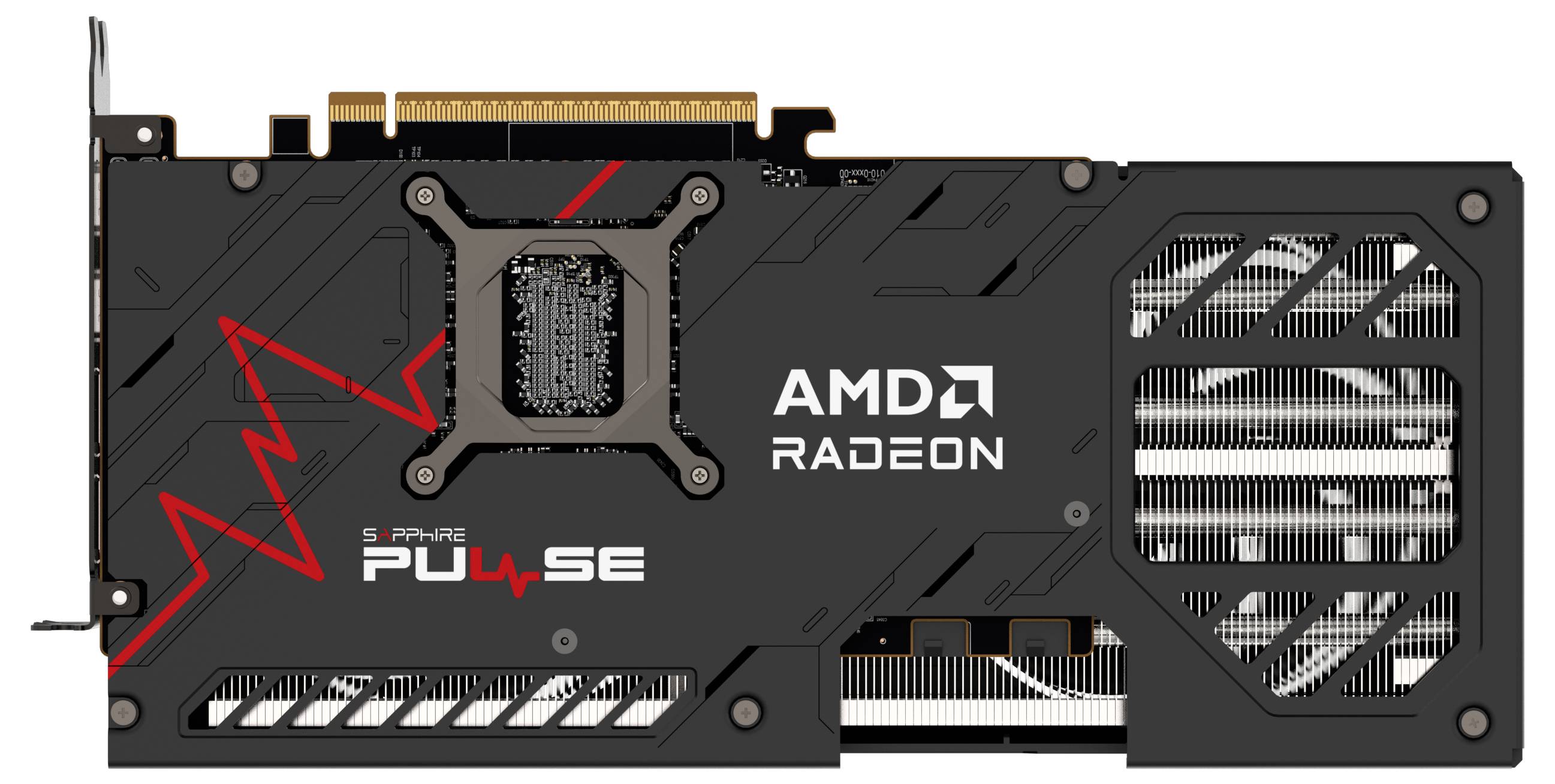 AMD Radeon GraKa mit schwarzem Design, rotem Zierstreifen und Pulse-Logo. Lüftungsschlitze sichtbar, städtischer Hintergrund fehlt.