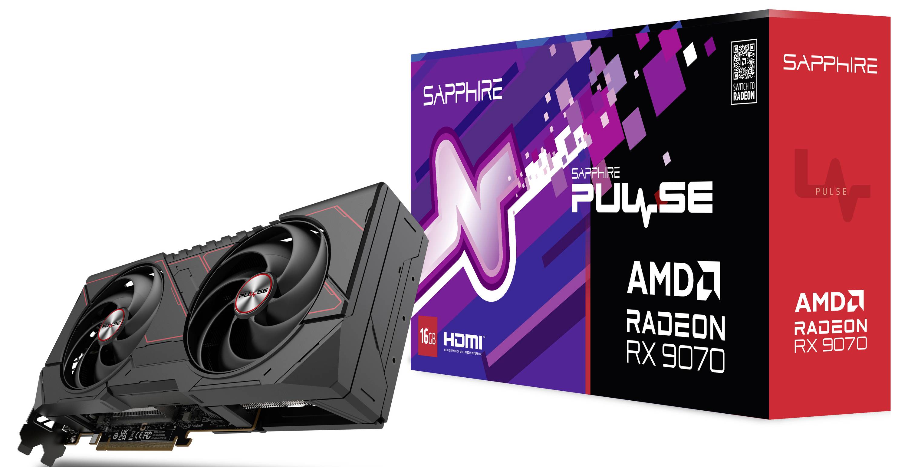 Grafikkarte Sapphire PULSE AMD Radeon RX 9070 neben einer Verpackung mit Markenlogo und Produktinformationen.