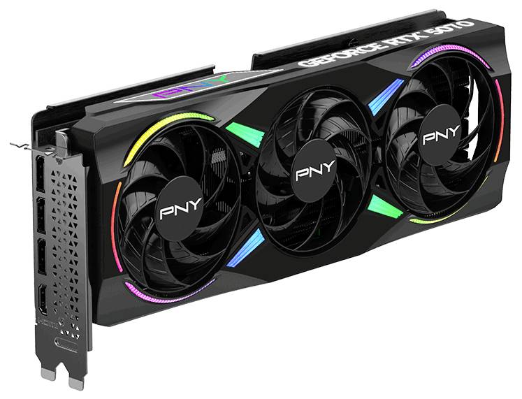 Grafikkarte mit drei Lüftern und RGB-Beleuchtung. Auf der Karte steht 'PNY GeForce RTX 3070'. Anschlüsse an der Seite sichtbar.