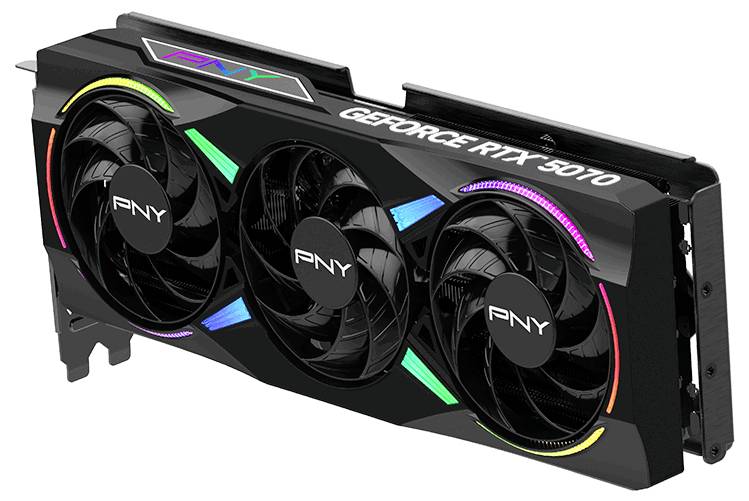 Grafikkarte PNY GeForce RTX 4070 mit drei Lüftern und RGB-LEDs, geeignet für leistungsstarke Gaming- und Grafik-Anwendungen.