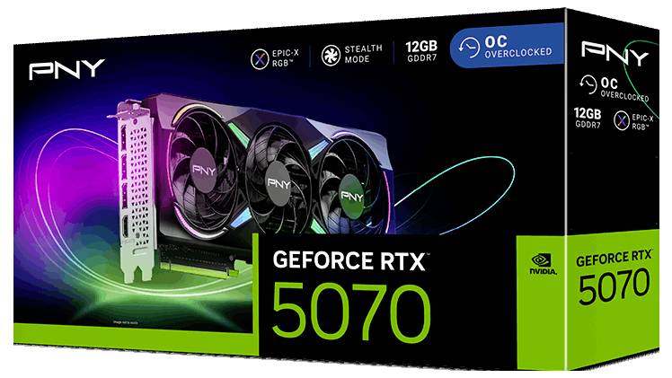 'PNY GeForce RTX 5070' Grafikkarte-Verpackung mit 12GB GDDR7, OC overclocked, EPIC-X RGB und NVIDIA-Logo, Boxdesign zeigt Karte.