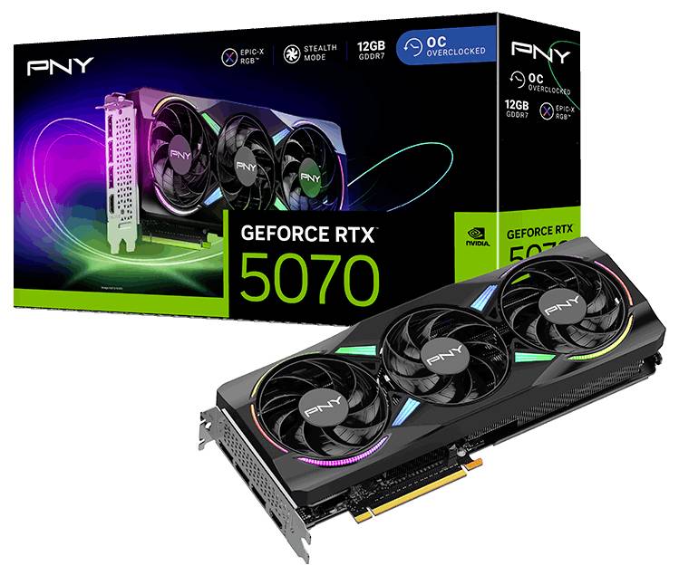 Grafikkarte PNY GeForce RTX 5070 mit 12GB GDDR7-Speicher und Gehäuse. Verpackung zeigt bunte Lichtstreifen und technische Details.