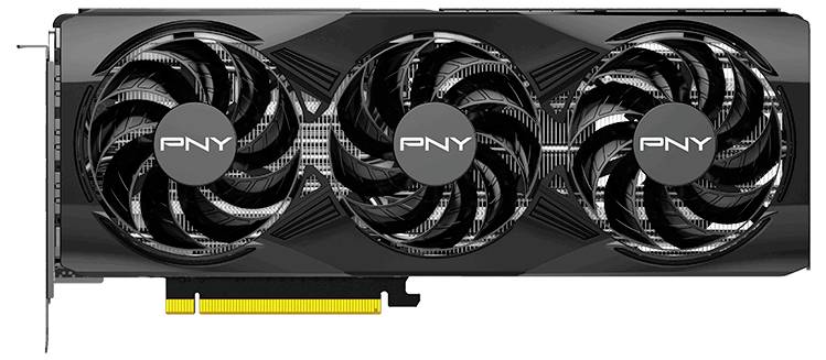 Grafikkarte mit drei großen Lüftern und 'PNY'-Logo, PCIe-Anschluss unten sichtbar, überwiegend schwarzes Design.